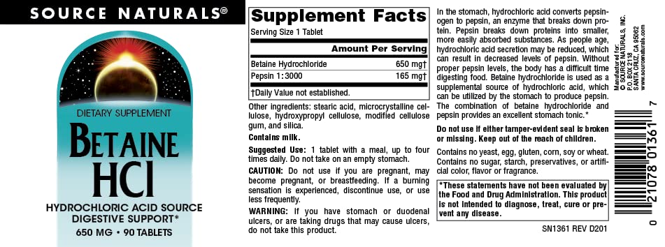 Source Naturals Betaine HCl 650mg Tablets, 90 Count