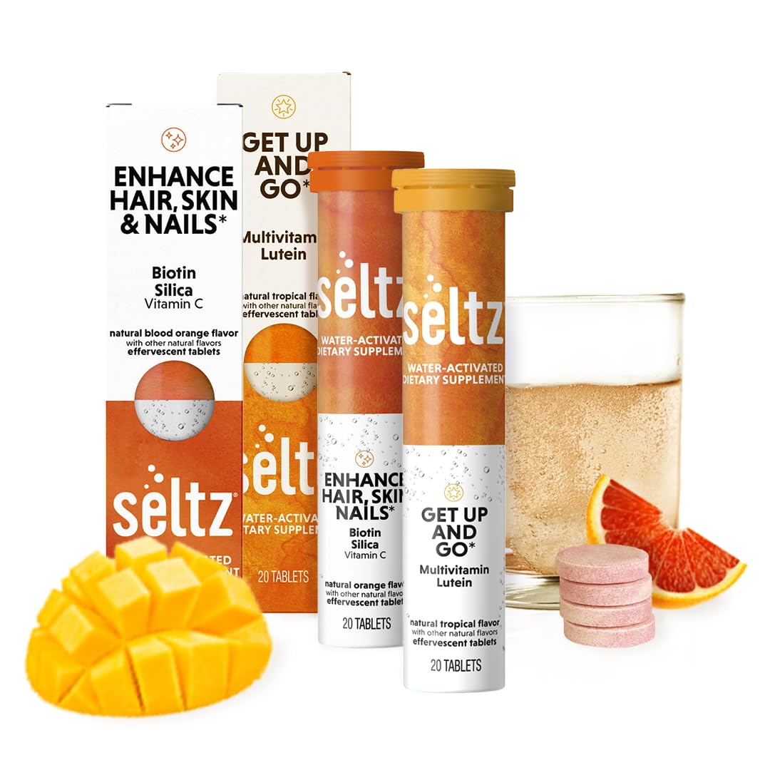 Seltz Glow & Go Energy Pack Effervescent Vitamins for Beauty & Energy Support with Multivitamin, Lutein, Vitamin C, Silica, Biotin, 40 Count