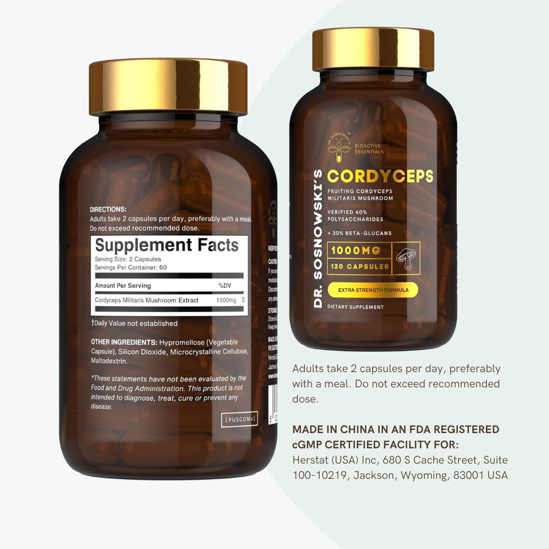 Dr Sosnowski's BioActive Cordyceps Mushroom Capsules 1000mg High Strength Cordyceps Extract, 120 Capsules