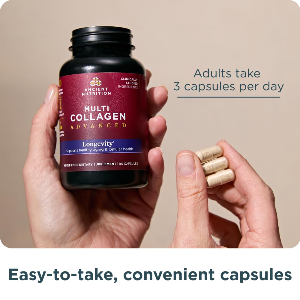 Ancient Nutrition Multi Collagen Advanced Longevity with Probiotics, Hydrolyzed Collagen Peptides Capsules, 90 Count