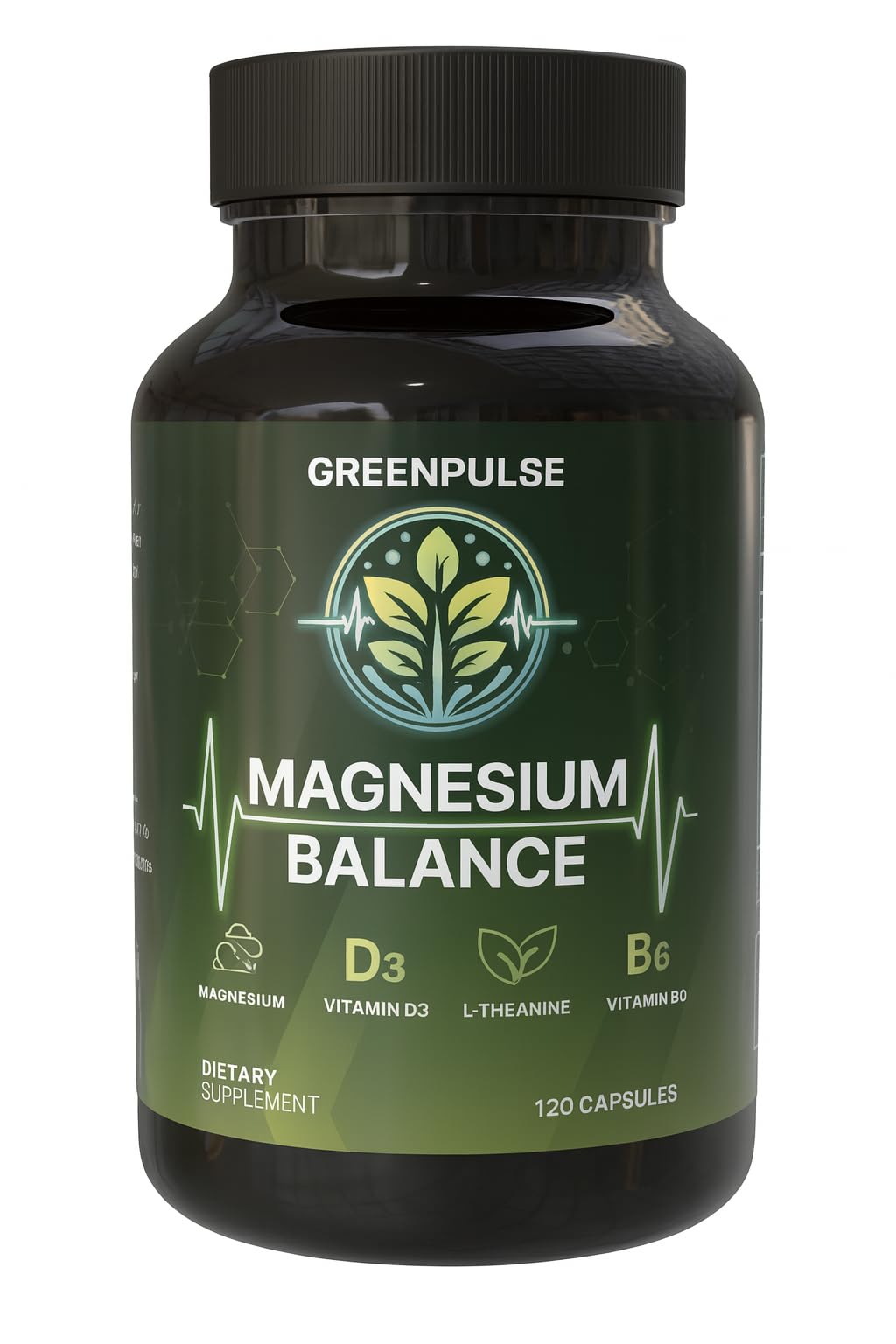 GREENPULSE Magnesium Balance – Magnesium Glycinate & Citrate with L-Theanine, Vitamin C, B6 & D3 – Calm & Relaxation Support – 120 Capsules