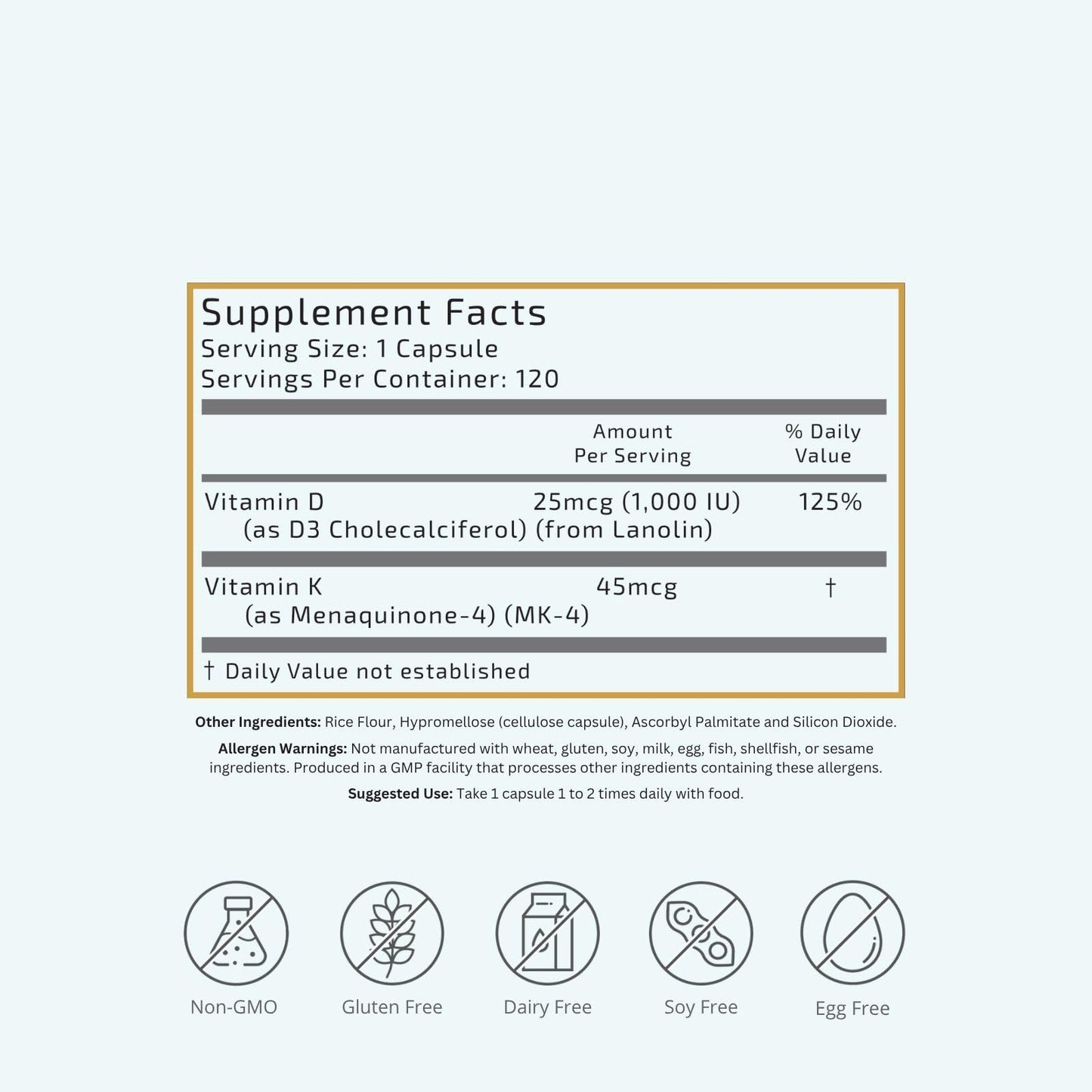 VTC VitaTradingCo. Vitamin D3 + K2 1000iu D3 + 45mcg MK-4 K2 Capsules, 120 Capsules