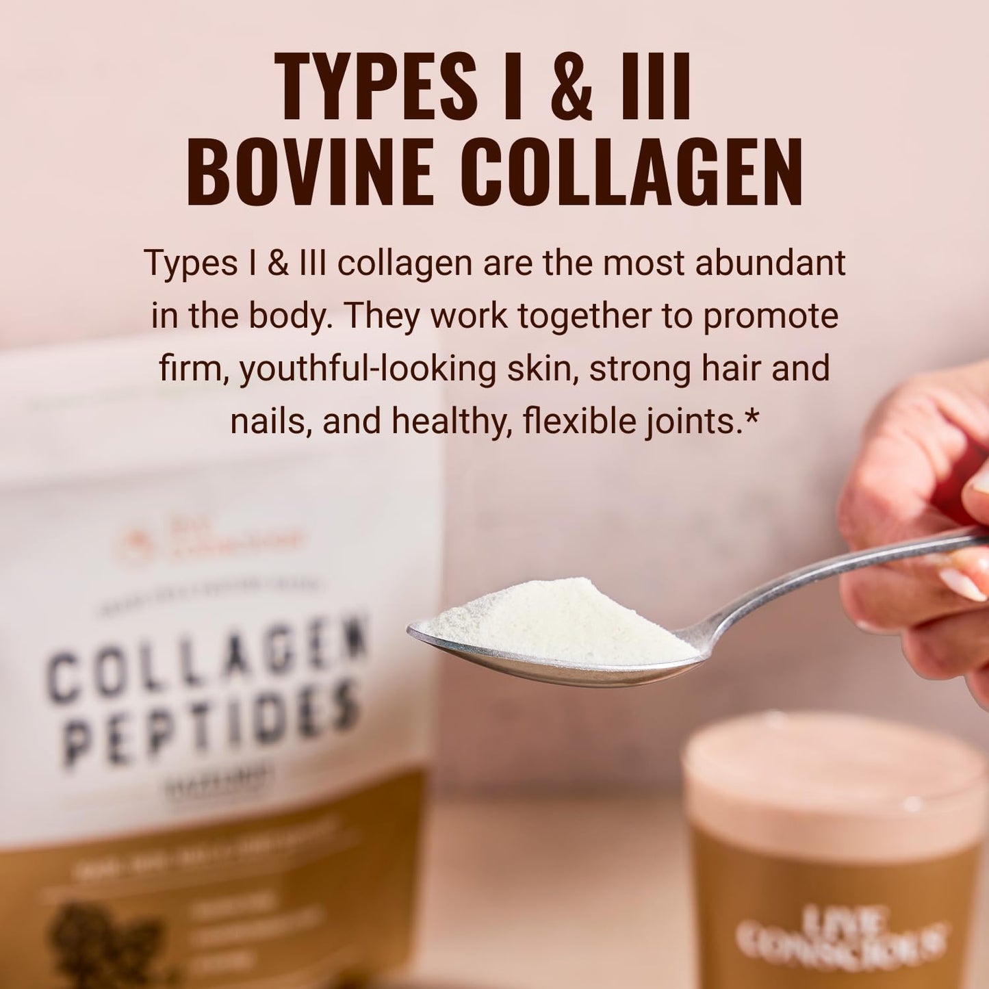 Live Conscious Collagen Peptides Powder Hazelnut - Hair, Skin, Nail, & Joint Support - Type I & III Grass-Fed Collagen - 2-Pack, 24.08 oz