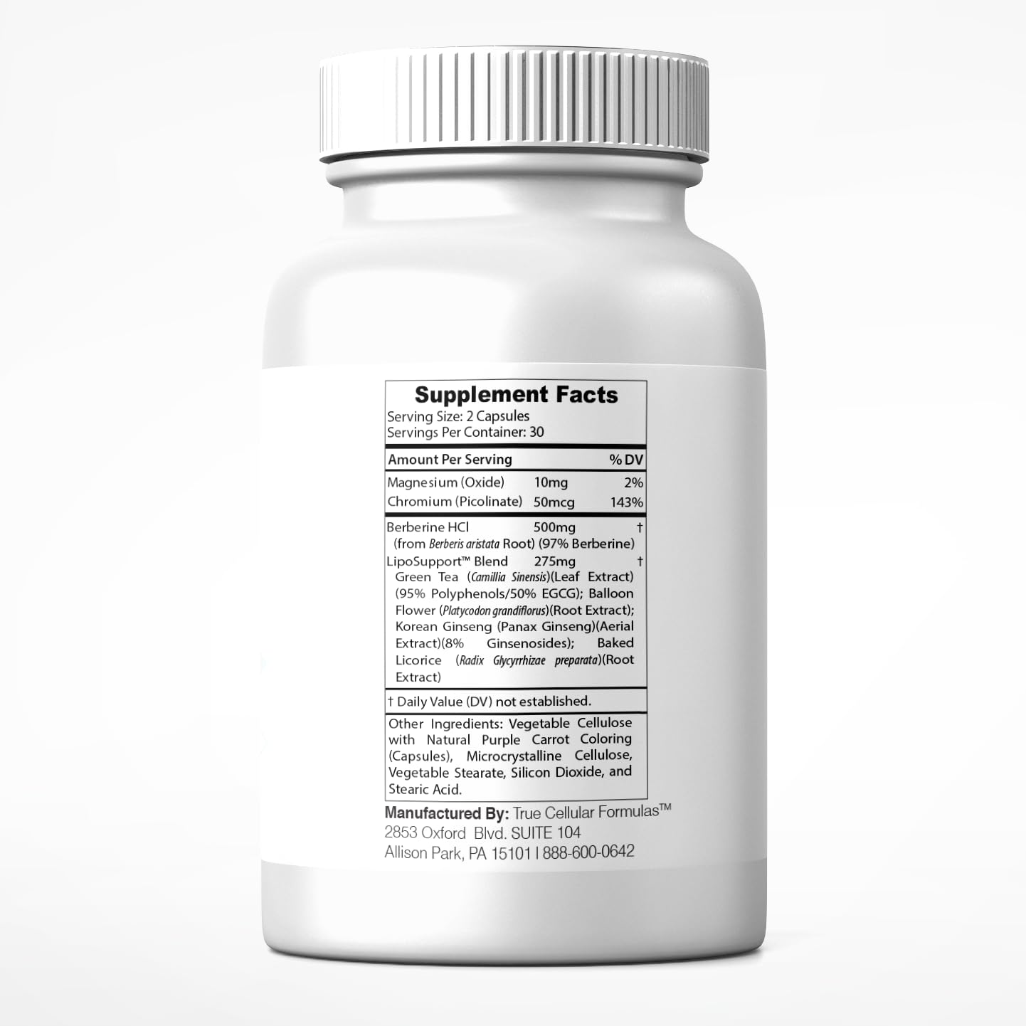 True Cellular Formulas BerberBurn+ Berberine Supplement, Magnesium & Chromium Capsules, 60 Count