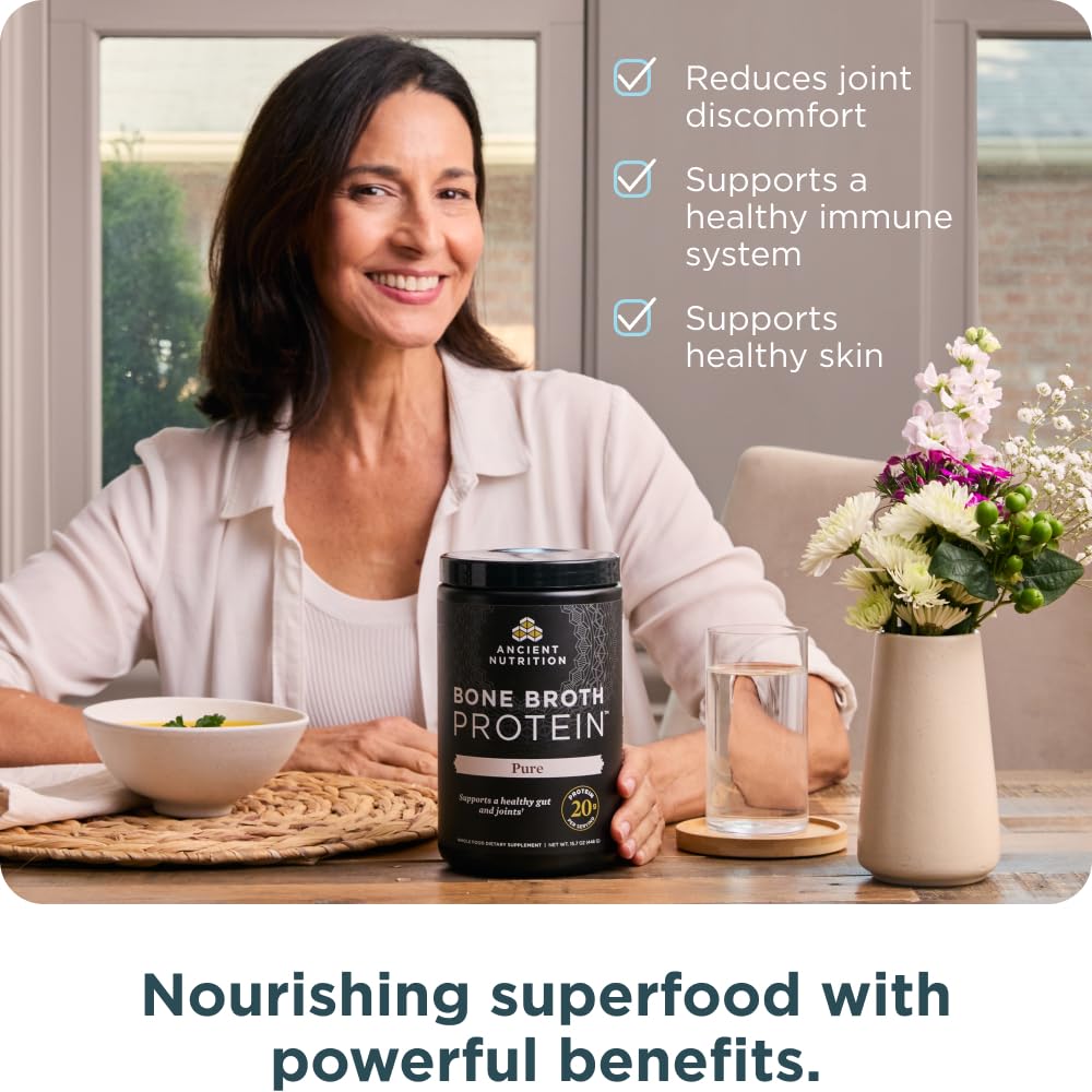 Ancient Nutrition Grass Fed & Cage Free Bone Broth Protein Powder, 20 Servings