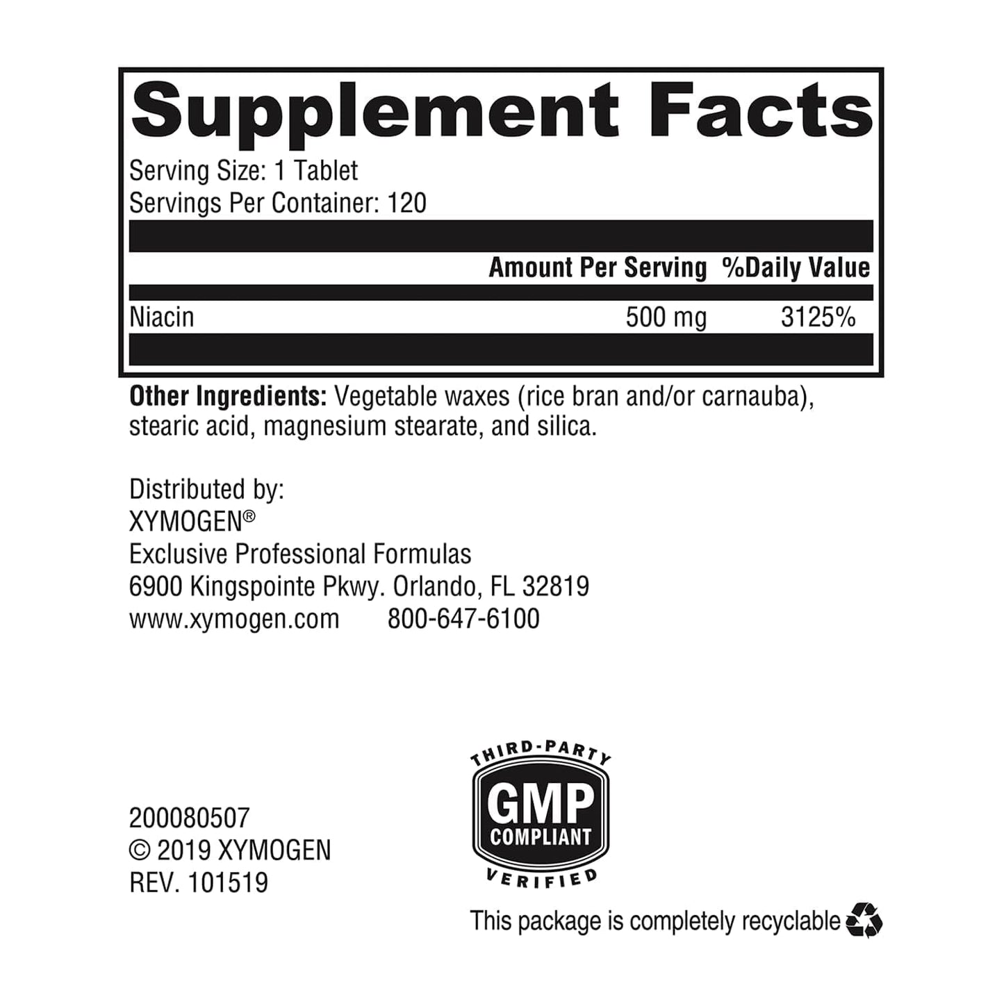 XYMOGEN NiaVasc - Sustained-Release 750 mg Niacin Tablet, 120 Count