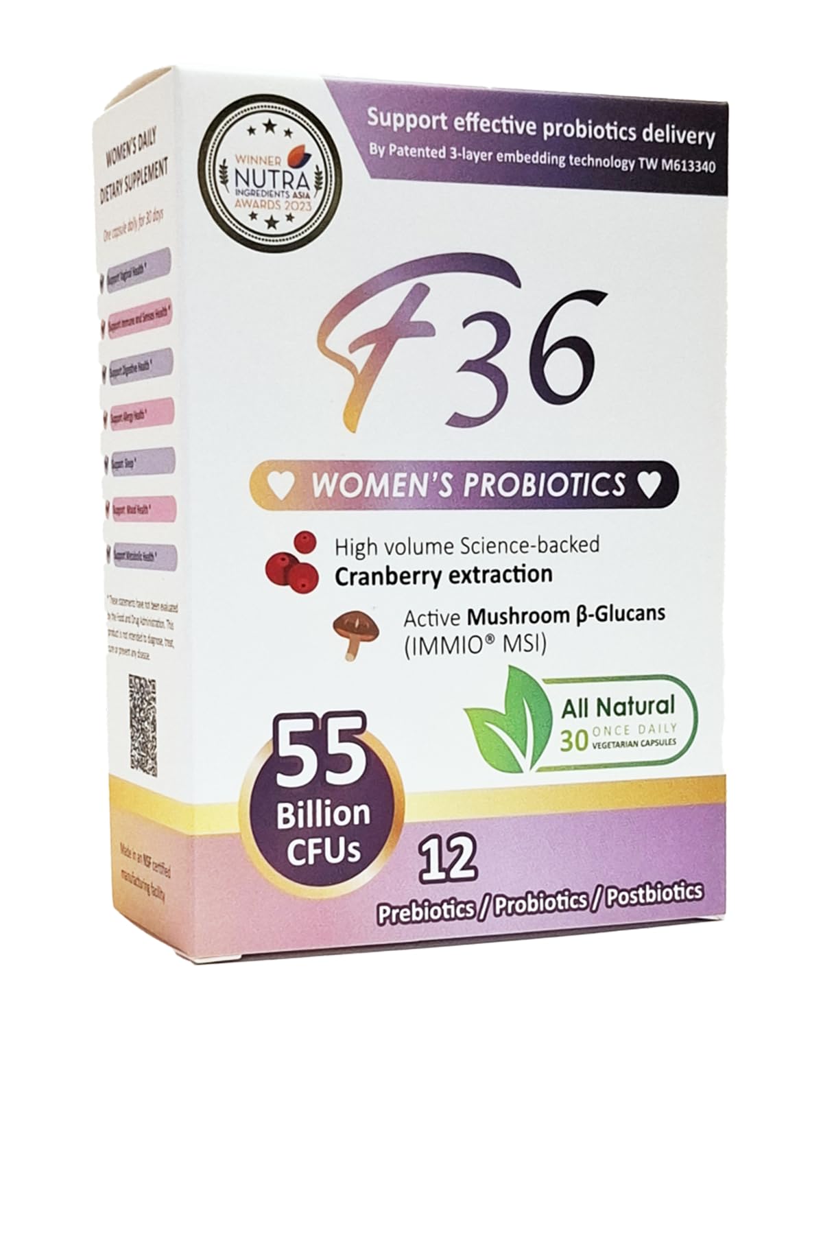 F36 Probiotics for Women 55 Billion CFU – Vaginal & Digestive Health, Immune Support, Sleep & pH Balance – with Cranberry, β-Glucan, Prebiotics & Postbiotics – Once Daily Capsule, 30 Count