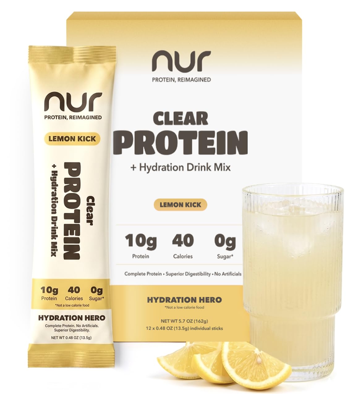 NUR Clear Whey Protein with Electrolytes, Lemon Flavor, 12 Sticks