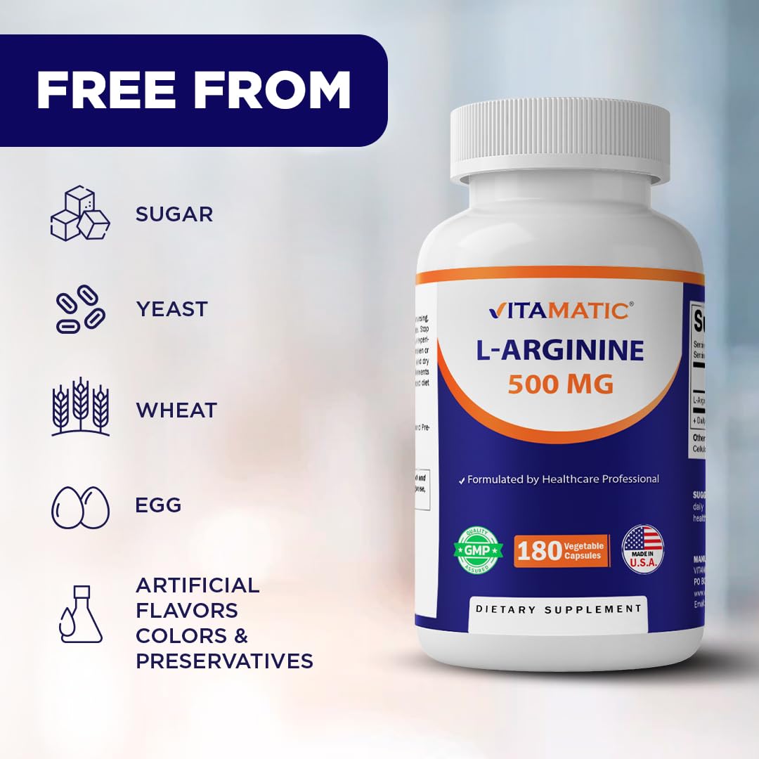 Vitamatic L-Arginine 500mg Capsules, 180 Count