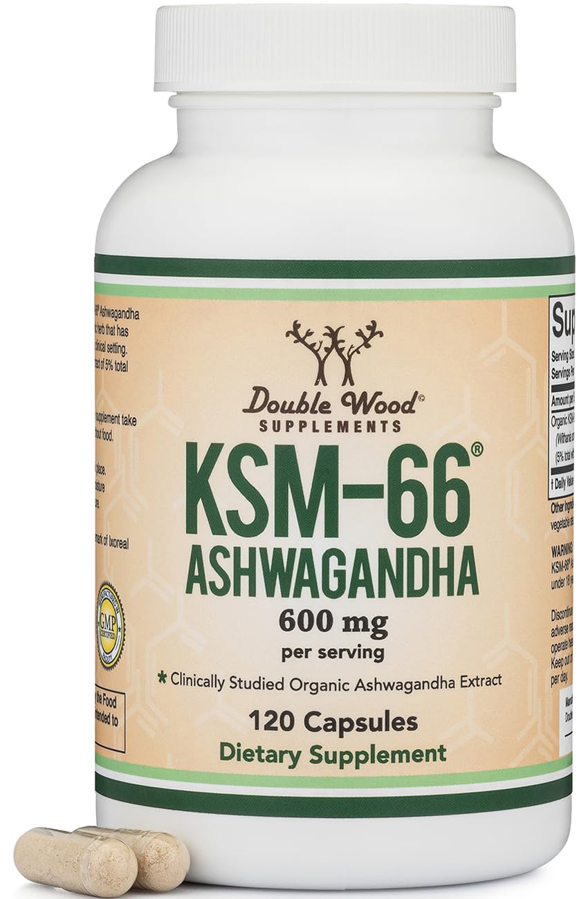 Double Wood Supplements Ashwagandha KSM 66 Organic and Clinically Studied Extract, Capsule, 120 Count