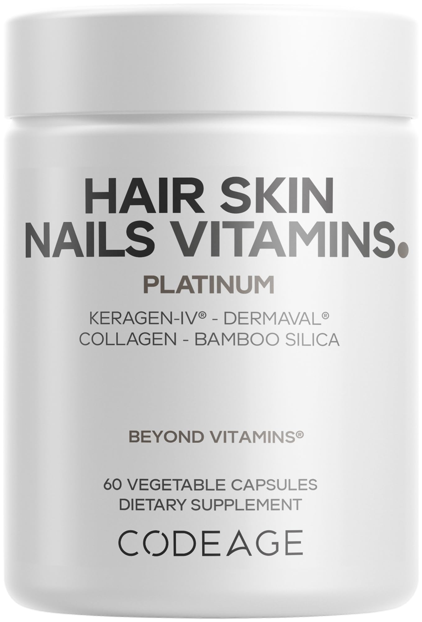 Codeage Hair Skin Nails Vitamins Platinum - KeraGEN-IV Keratin, Dermaval - Biotin 5000, Collagen, Vitamin C, Coffeeberry, PABA Supplement, 60 Capsules