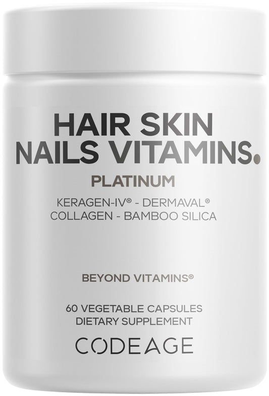 Codeage Hair Skin Nails Vitamins Platinum - KeraGEN-IV Keratin, Dermaval - Biotin 5000, Collagen, Vitamin C, Coffeeberry, PABA Supplement, 60 Capsules