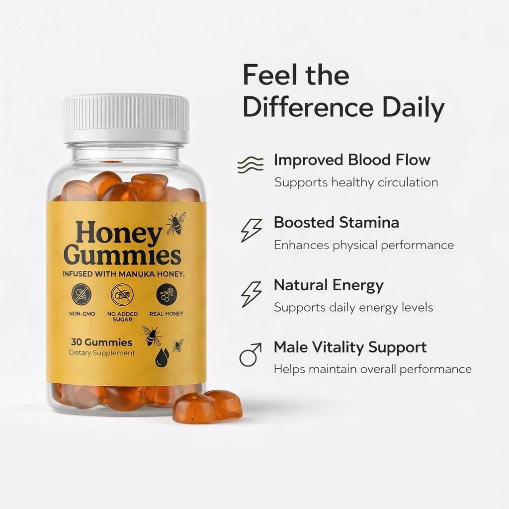 HoneyGummies New-Zealand Manuka Honey MGO 83+ Shilajit, Ashwagandha & Sea Moss Blood Flow, Stamina & Male Vitality Support – Sugar Free, Non-GMO, Made in USA Gummy 1