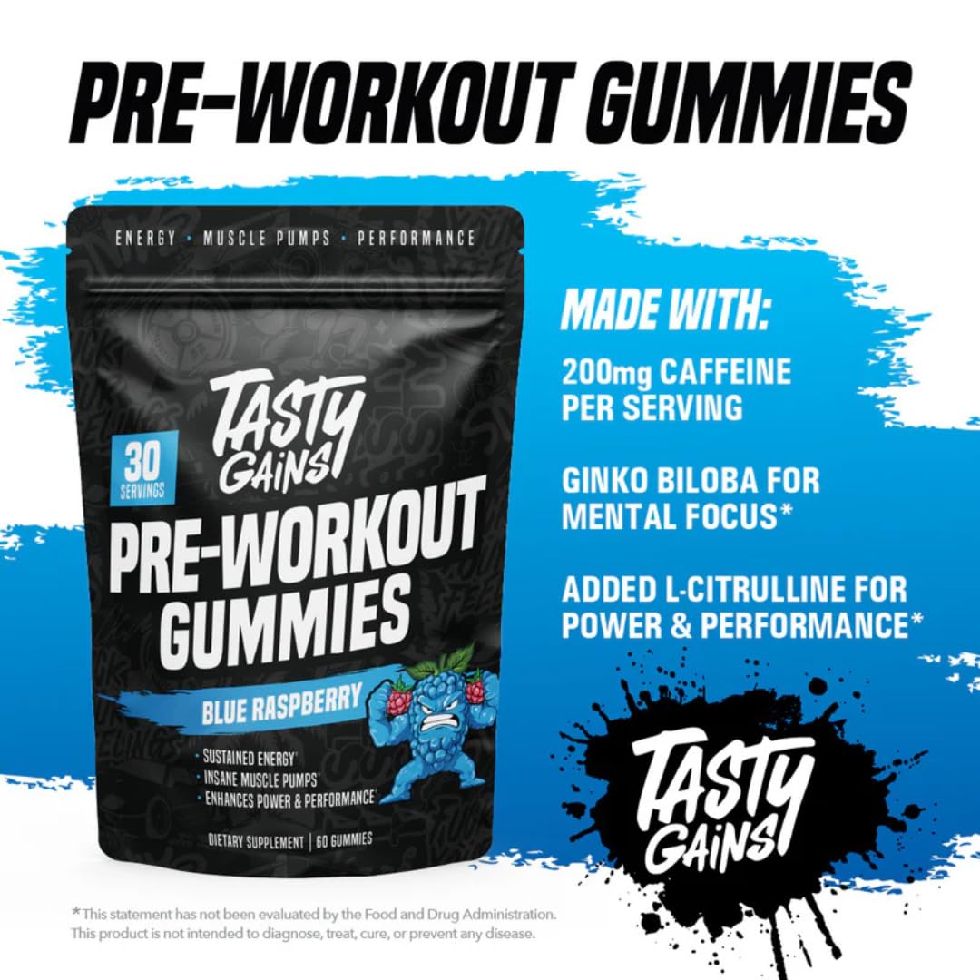 TASTY GAINS Pre-Workout Gummies, 60 Count