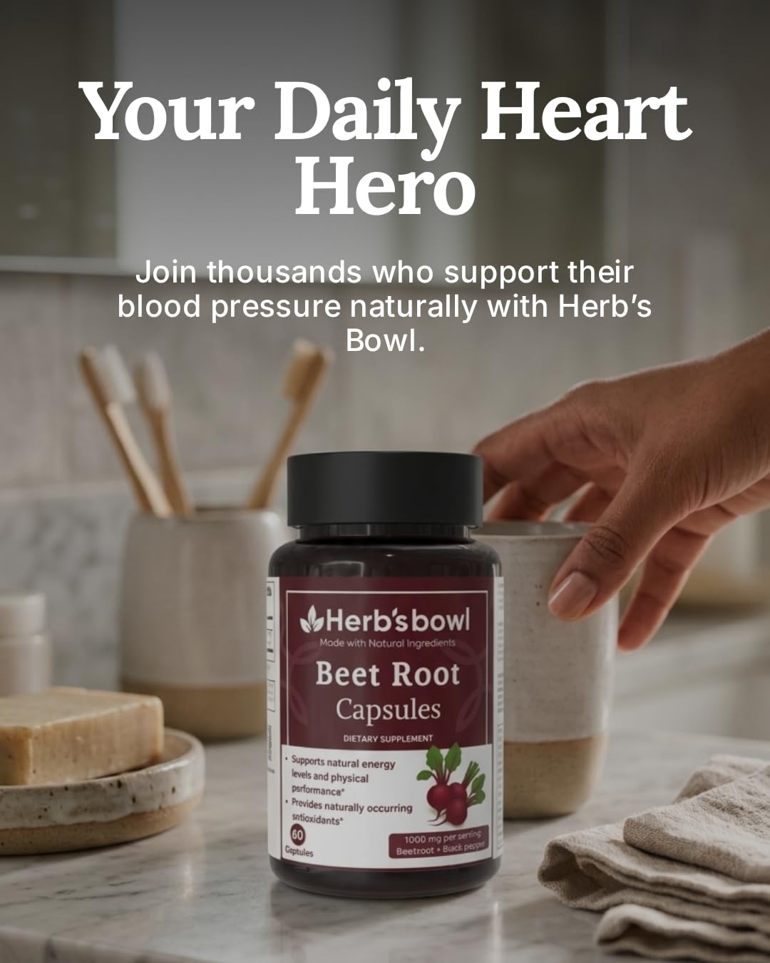 Herb'sbowl Beet Root Capsules, 1000 mg per Serving, with Black Pepper, Natural Energy Support, 60 Capsules