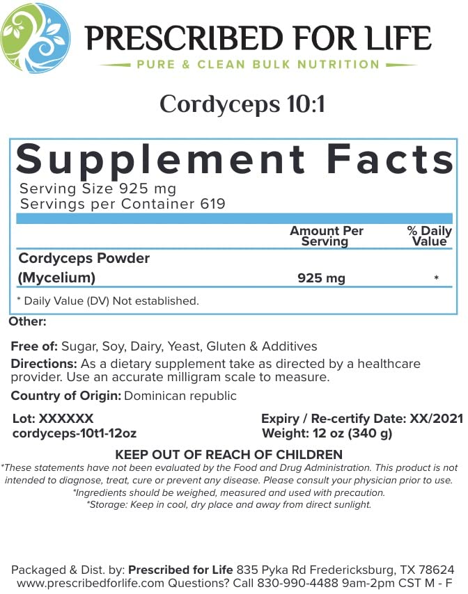 Prescribed For Life Cordyceps Powder 10:1 Powder 1 Count