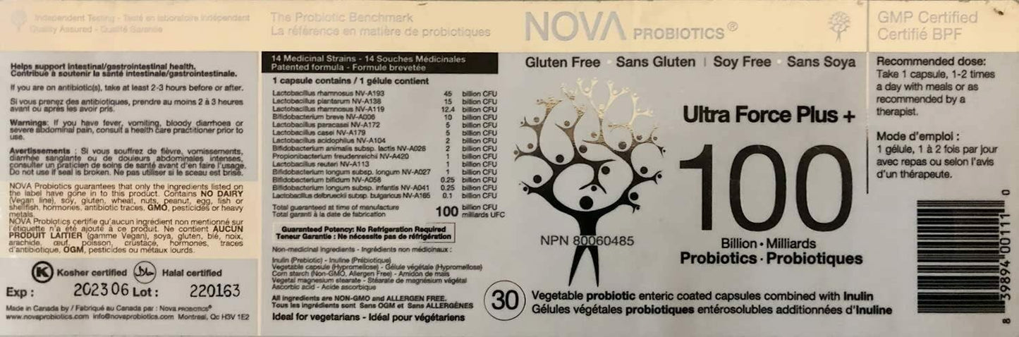 NOVA Probiotics Multi-Strain Ultra Strength Plus+ 100 Billion Probiotics per Capsule, 30 Capsules