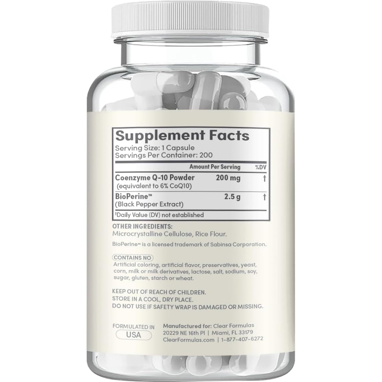 Clear Formulas CoQ10 200mg with BioPerine Enhanced Absorption Capsules, 200 Count