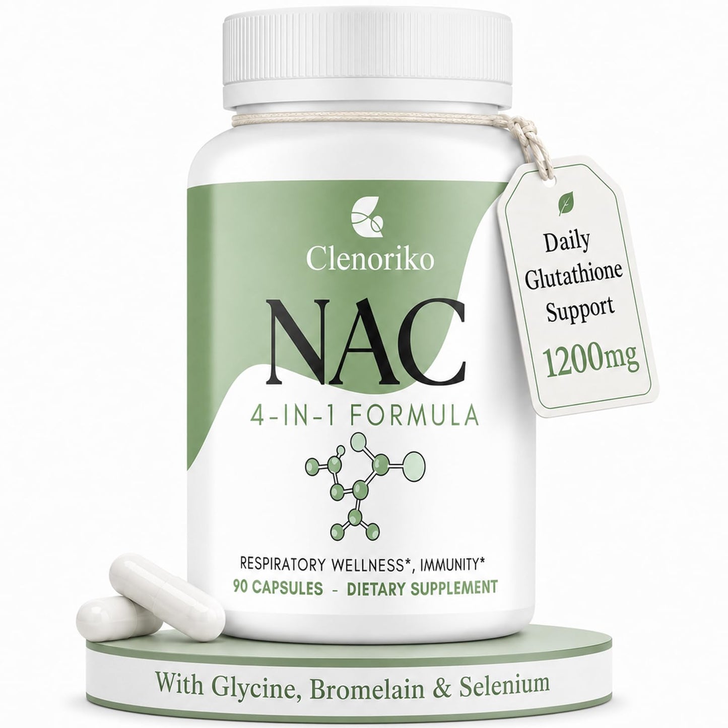 Clenoriko NAC Supplement 1200mg with Bromelain, Glycine & Selenium, 4-in-1 N-Acetyl Cysteine for Respiratory & Airway Wellness, Glutathione Precursor, Antioxidant & Immunity*, 90 Capsules