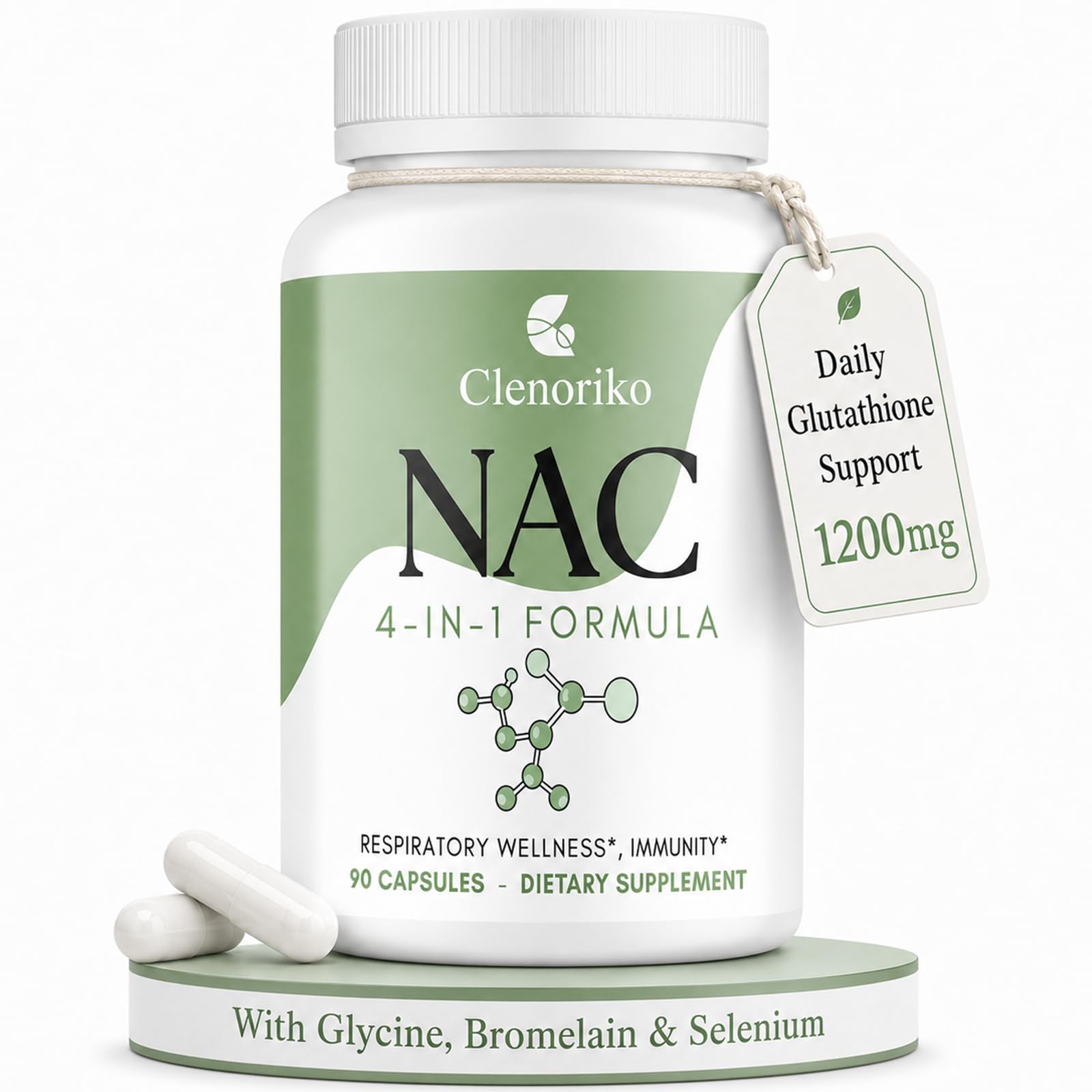 Clenoriko NAC Supplement 1200mg with Bromelain, Glycine & Selenium, 4-in-1 N-Acetyl Cysteine for Respiratory & Airway Wellness, Glutathione Precursor, Antioxidant & Immunity*, 90 Capsules
