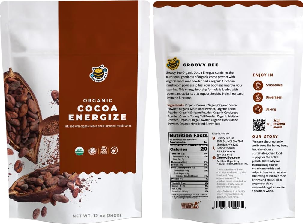 GROOVY BEE Organic Cocoa Energize Powder 12 Ounce