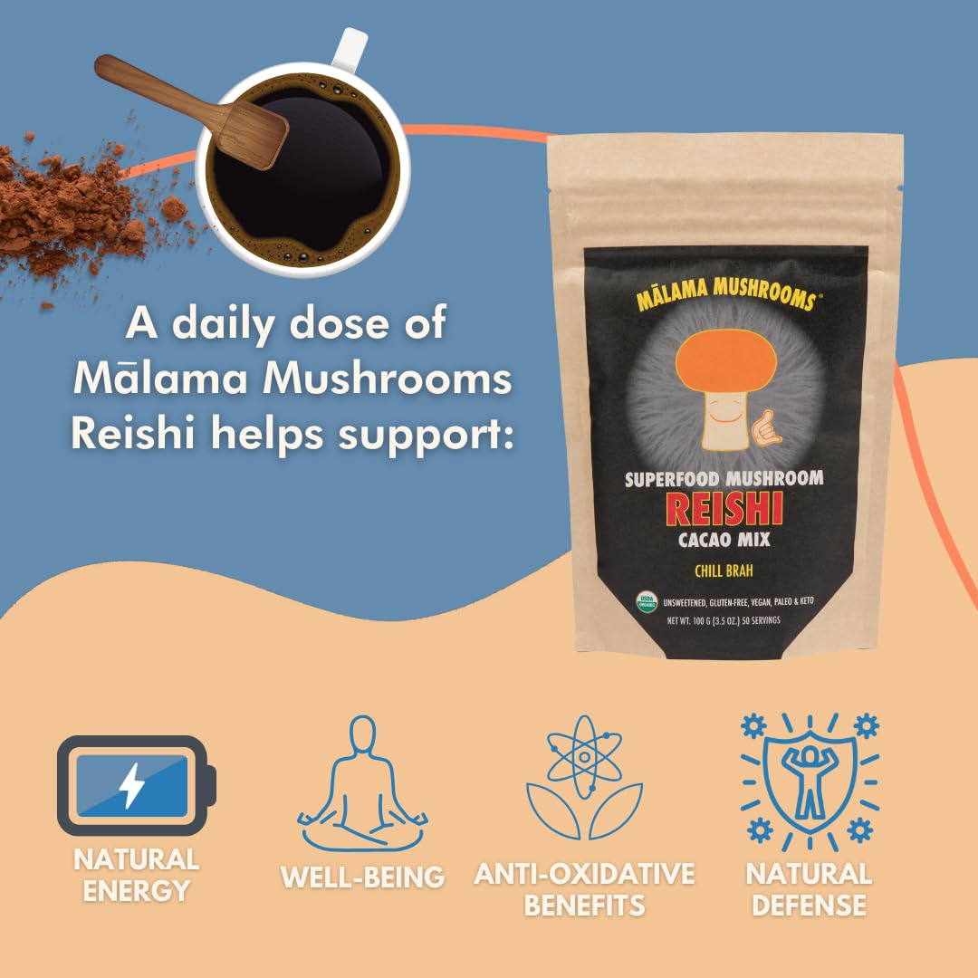 MALAMA MUSHROOMS Organic Mushroom Hot Cacao Mix Reishi Mushroom Powder 3.5 oz