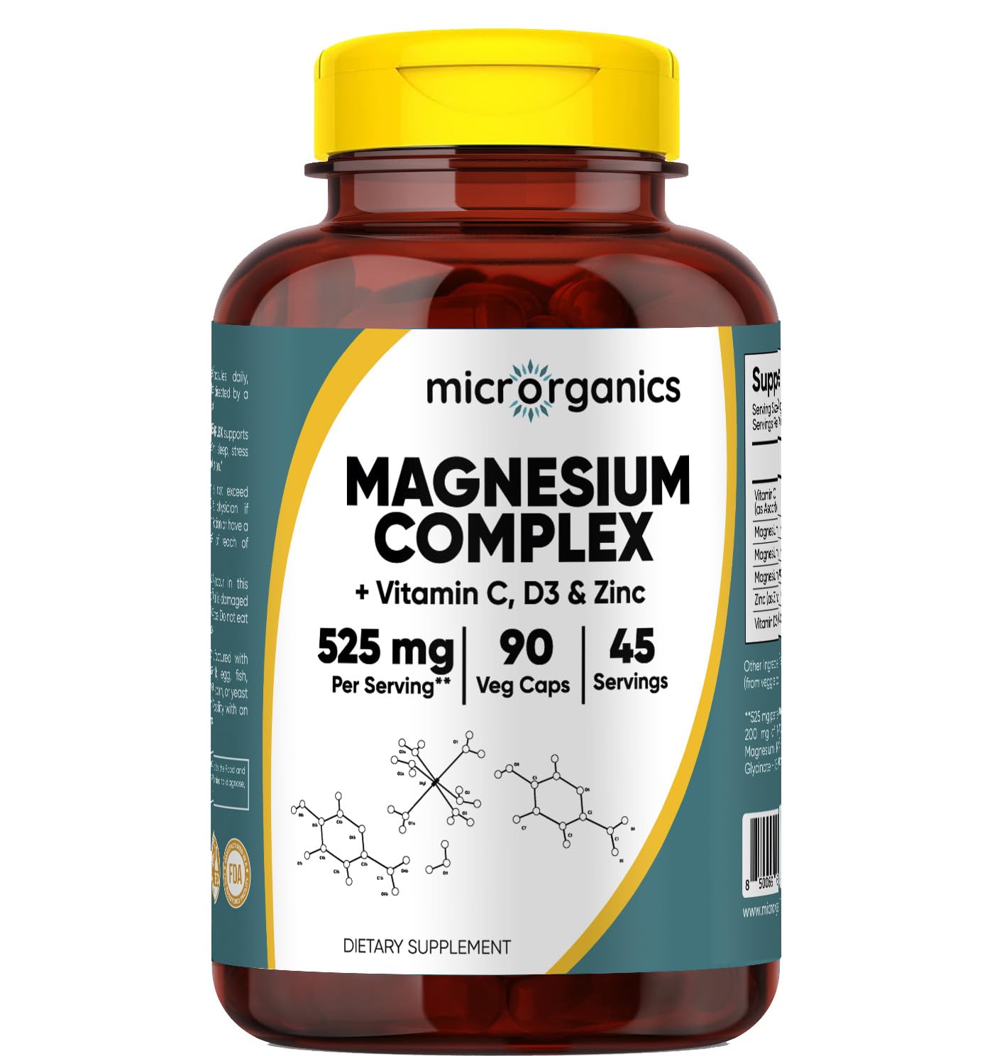 MICRORGANICS Magnesium Complex Capsules with Vitamin C, D3 & Zinc – 525 mg per Serving – 90 Vegan Capsules