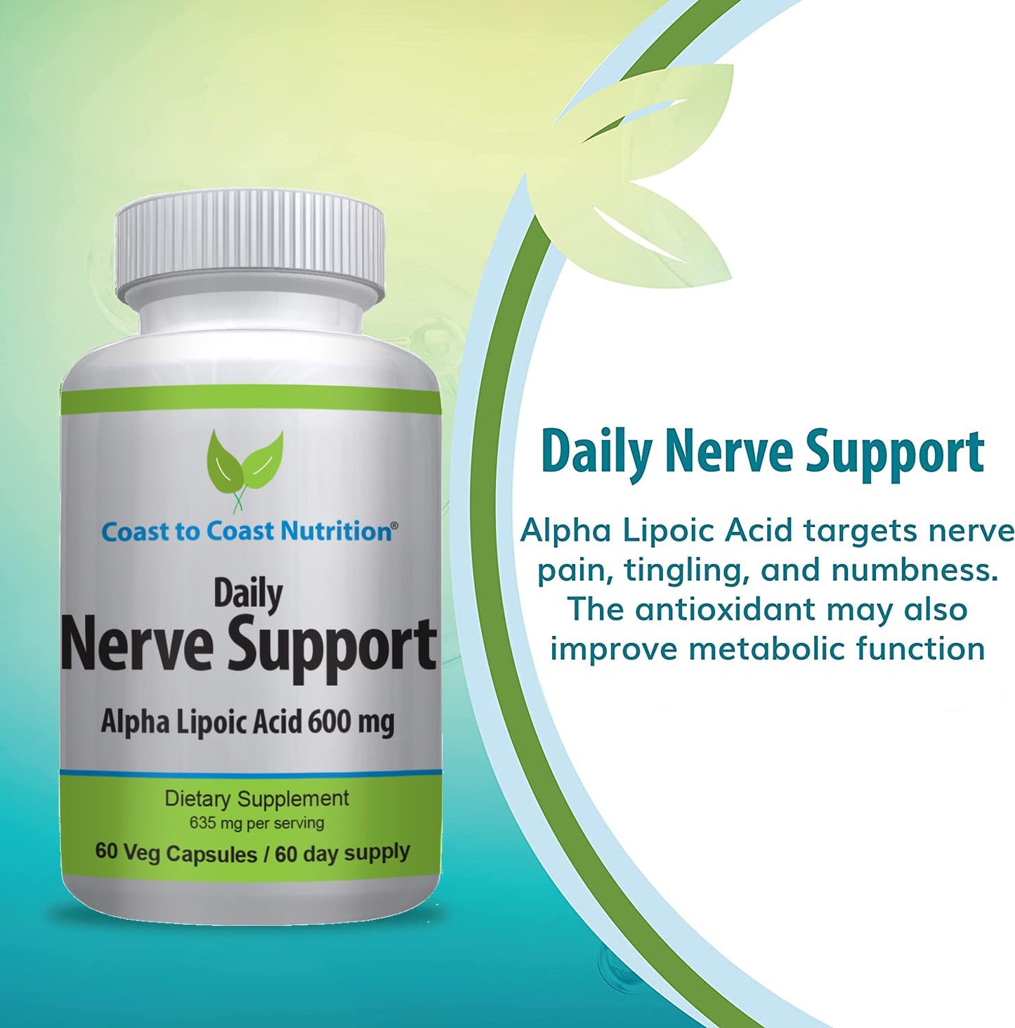Coast to Coast Nutrition Nerve Support - Advanced Nerve Relief with Alpha Lipoic Acid 600 mg, 60 Capsules