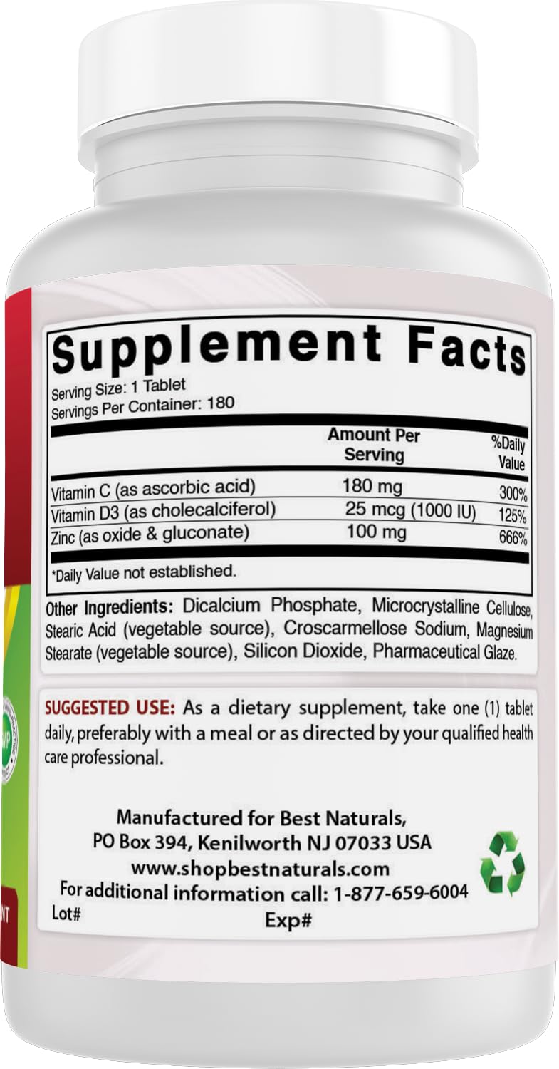 Best Naturals Zinc 100 mg with Vitamin C & D3, 180 Tablets