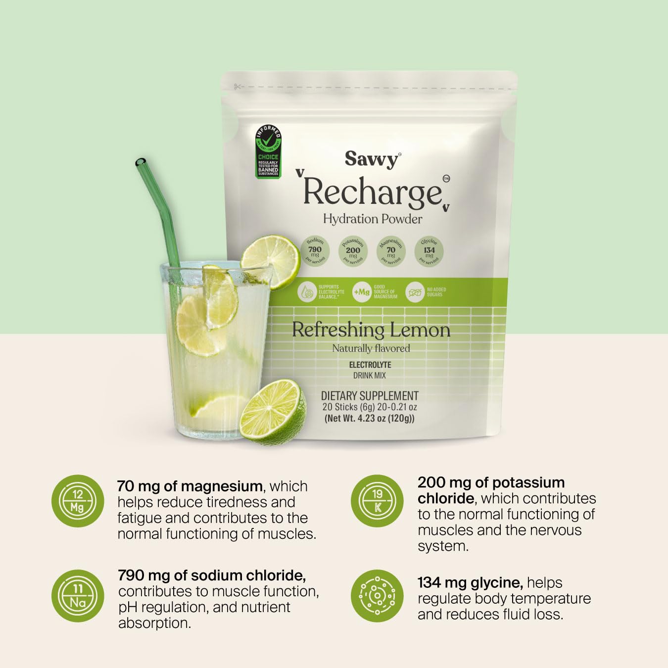 SAVVY Savvy Recharge Electrolyte Powder, Sugar Free Conscious Hydration Drink with Sodium, Magnesium, Potassium & Glycine, Lemon Flavor, 20 Sachets