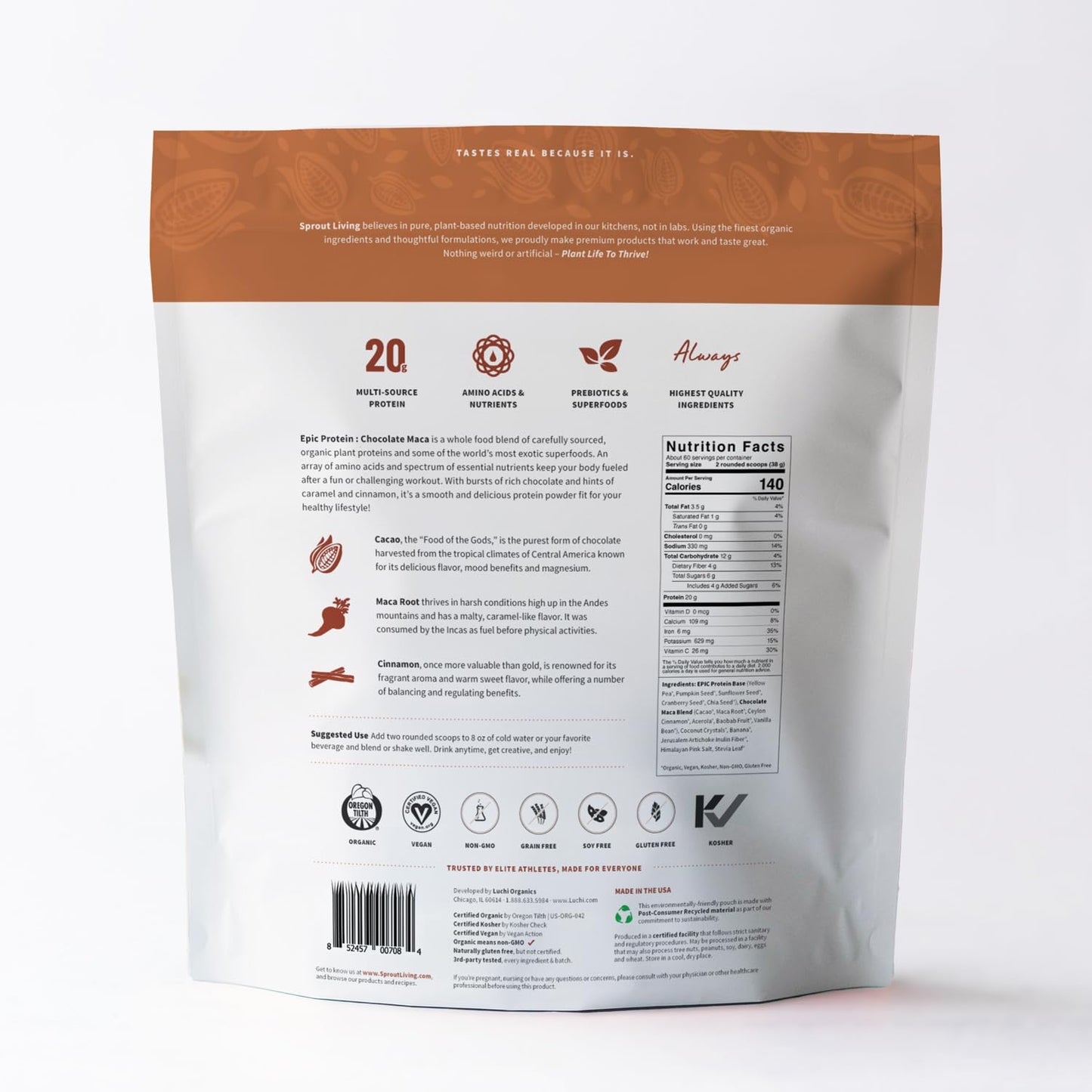 Sprout Living Epic Protein Plant Based Protein & Superfoods Powder Chocolate Maca 80