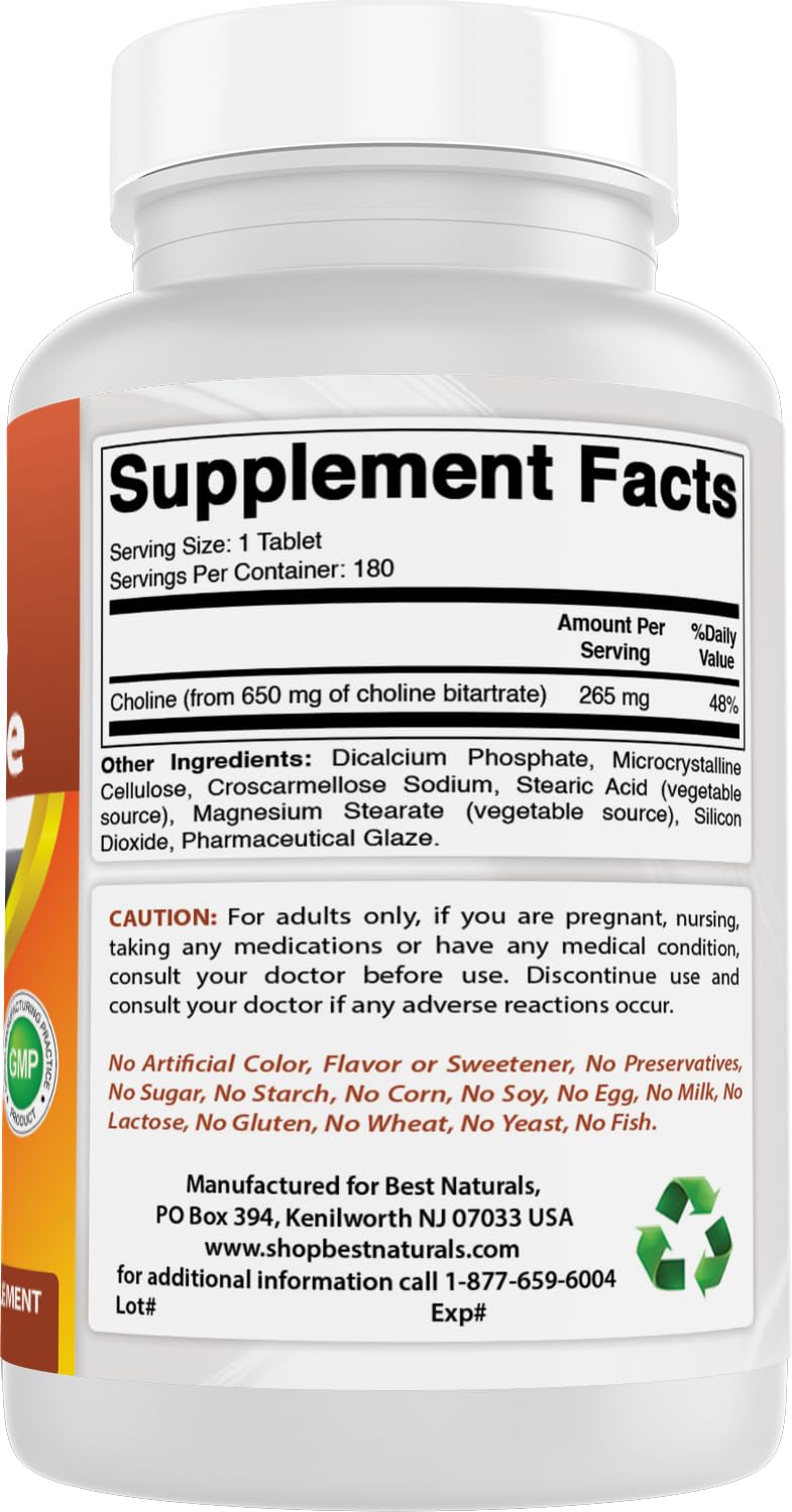 Best Naturals Choline Bitartrate 650 mg (Non-GMO) for Healthy Cognitive Brain Function, 180 Tablets
