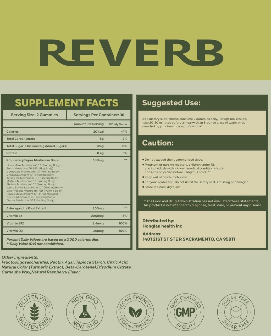 REVERB Mushroom Gummies 16-In-1 Mushroom Blend With Ashwagandha for Brain Health, Memory & Focus, Energy, 75 Gummies