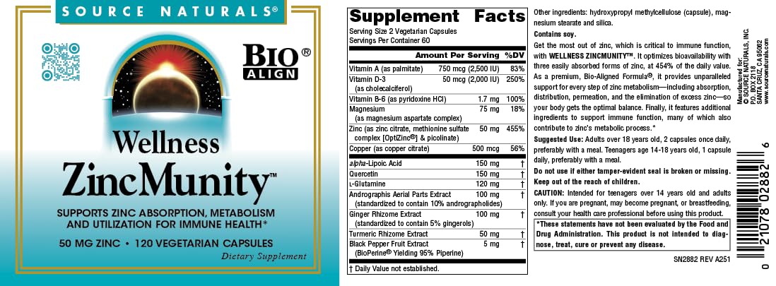 Source Naturals Wellness ZincMunity 50 mg Zinc - 120 Vegetarian Capsules