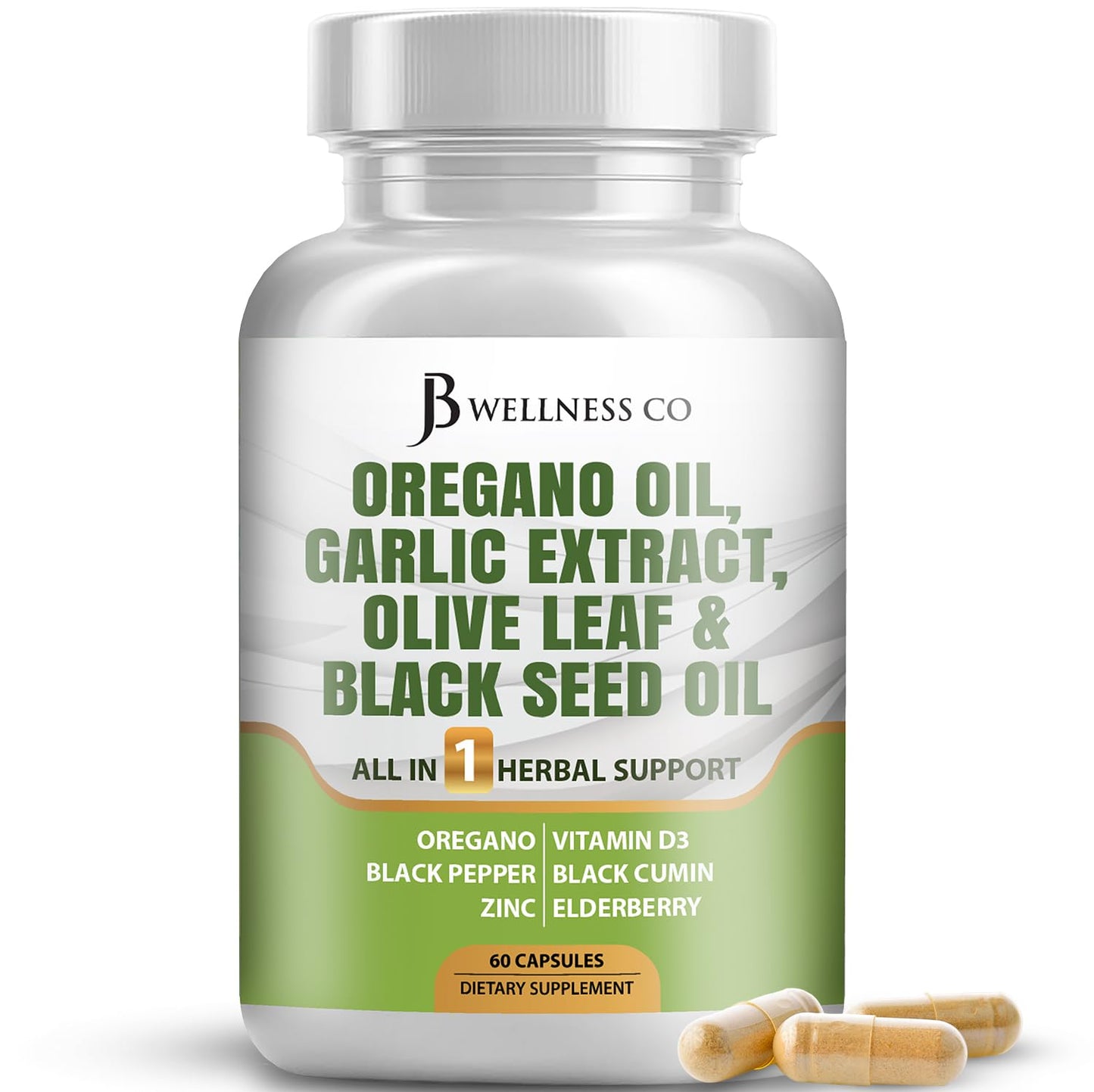 JB Wellness Co Oregano Oil, Garlic Extract, Olive Leaf with Astragalus Immune Support & Digestive Health Capsules, 60 Count