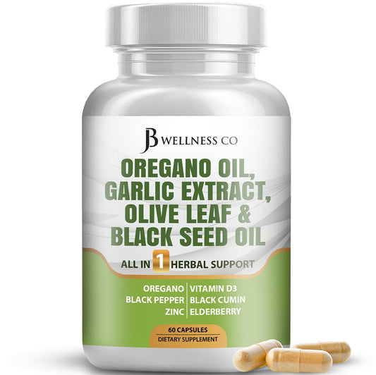 JB Wellness Co Oregano Oil, Garlic Extract, Olive Leaf with Astragalus Immune Support & Digestive Health Capsules, 60 Count