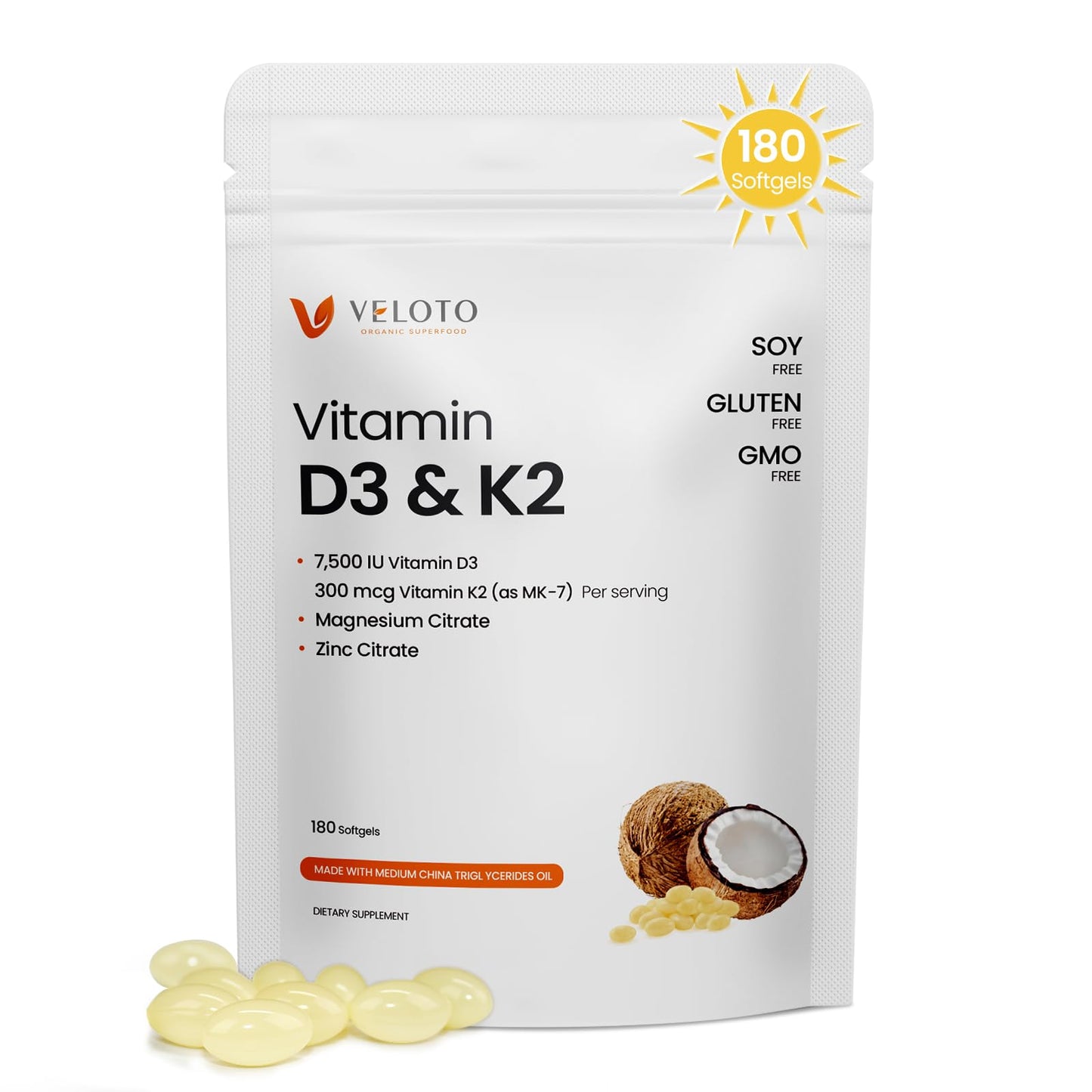 VELOTO Vitamin D3 K2 Magnesium Zinc Supplement Softgels 180