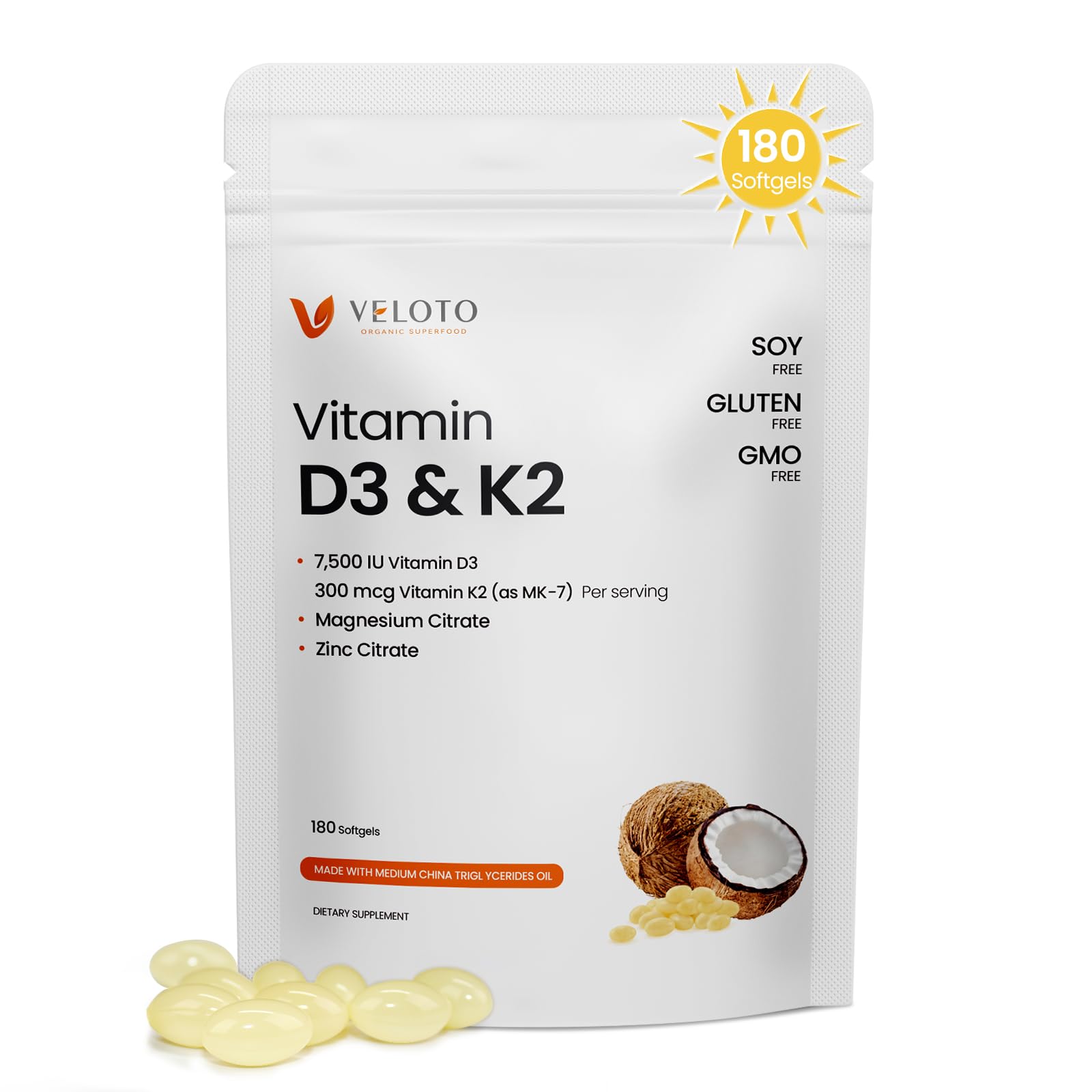 VELOTO Vitamin D3 K2 Magnesium Zinc Supplement Softgels 180
