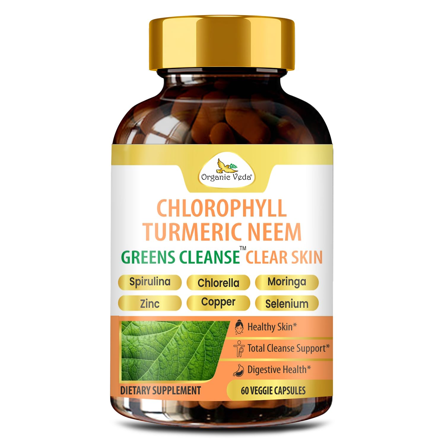 Organic Veda Chlorophyll Turmeric Neem Clear Skin Supplement - Greens Cleanse for Face Acne, Zinc with Copper Women Beauty Supplement - Chlorophyll Pills for Gut & Liver Cleansing, 60 Capsules