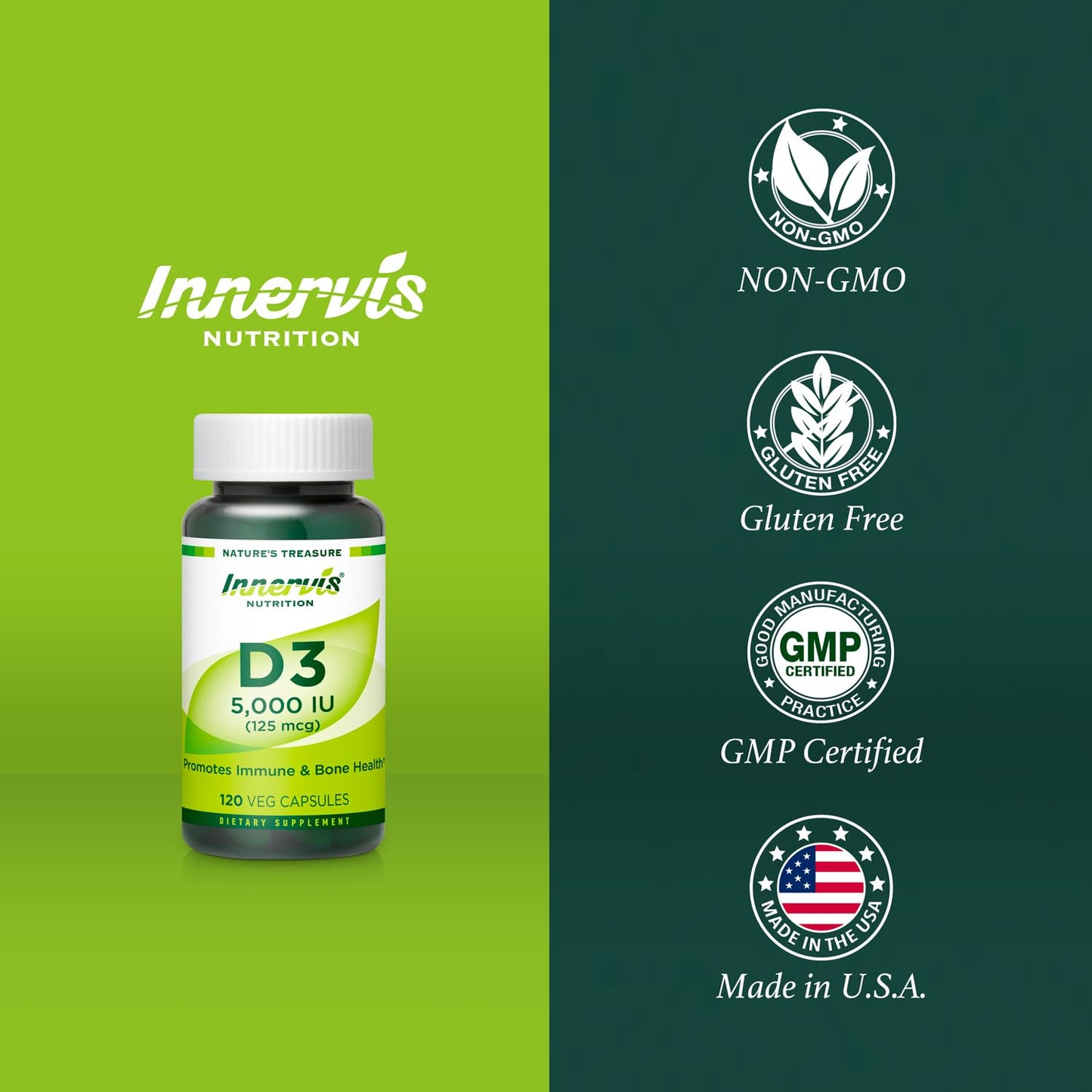 INNERVISNUTRITION Vitamin D3 5000 IU Capsule, 120 Veg Capsules