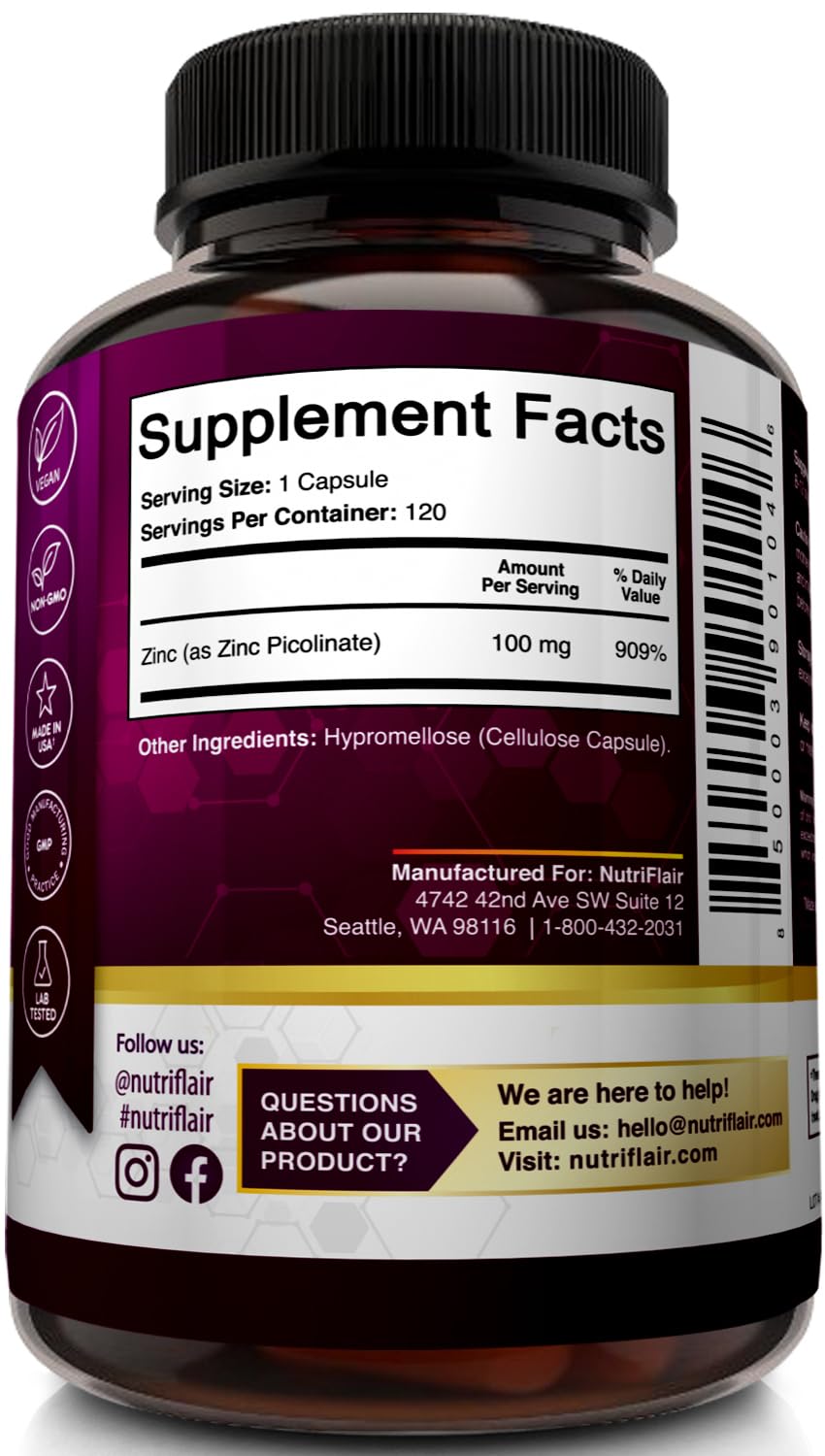 NutriFlair Zinc Picolinate 100mg Capsule 120 Count
