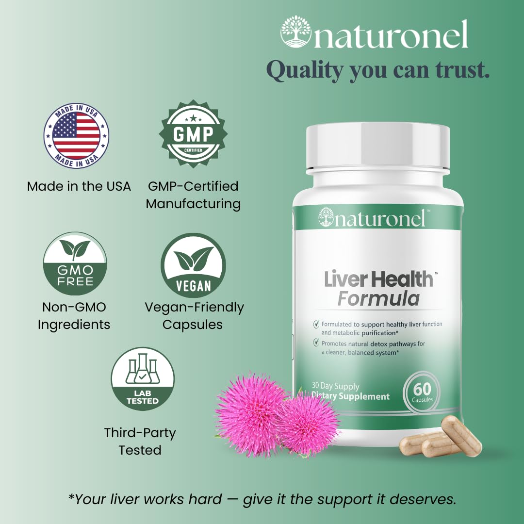 Naturonel Liver Health Formula Daily Liver Support with Milk Thistle, Beetroot, Artichoke, Dandelion, Chicory, Yarrow, Jujube Capsule 60 Count