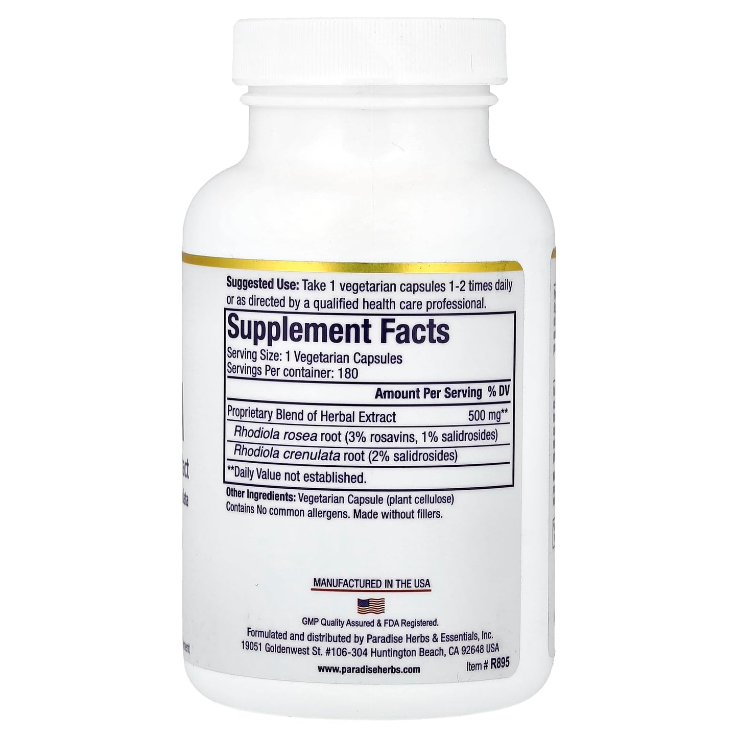 Paradise Herbs Rhodiola Vegetarian Capsules, 180
