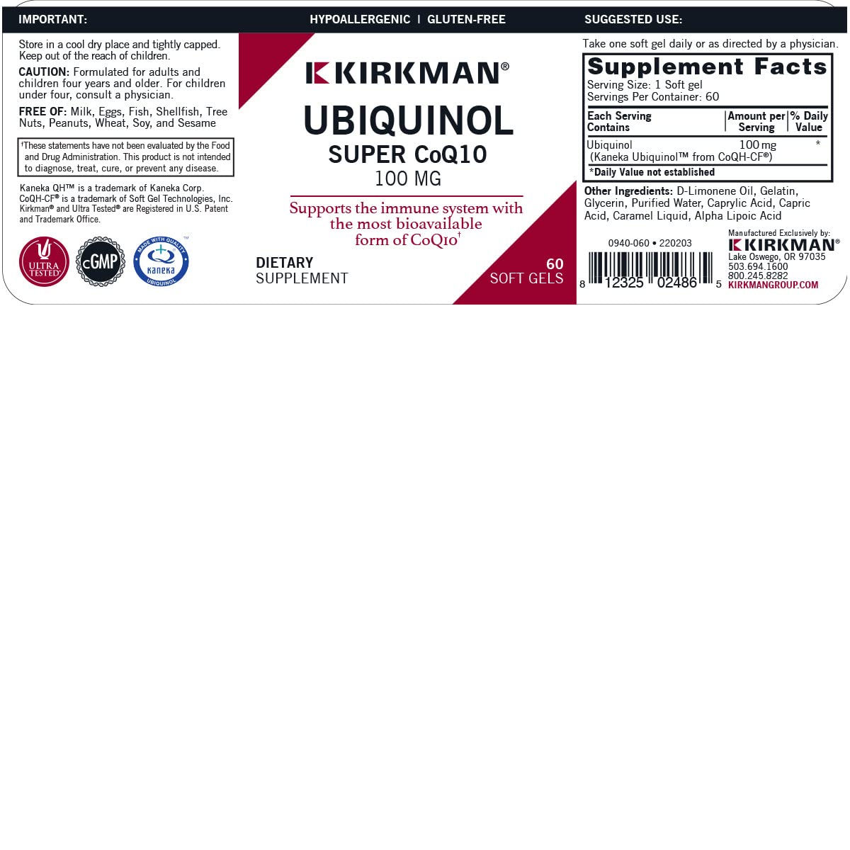 Kirkman Ubiquinol 100 mg Super CoQ10 Softgel 60 Count