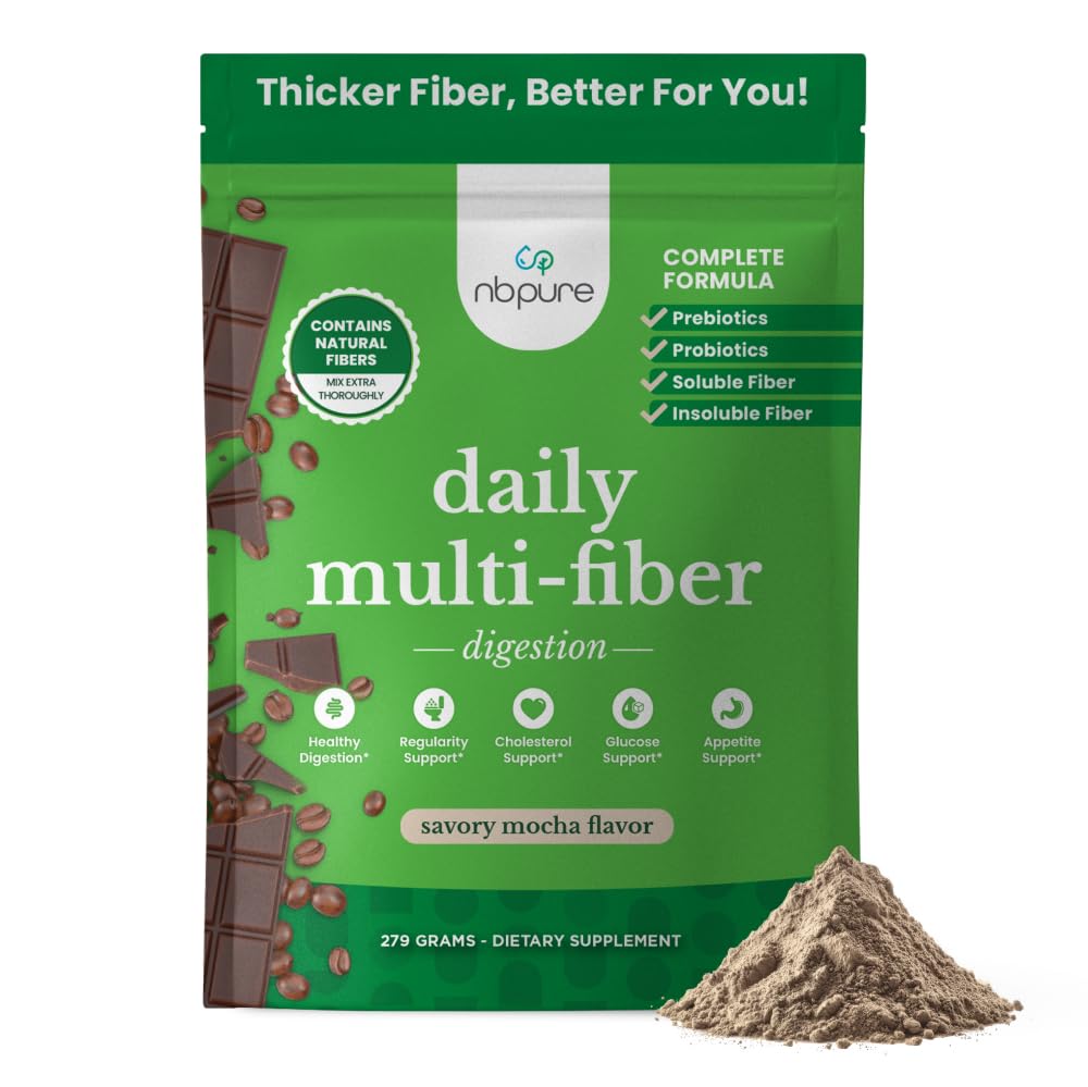 nbpure Daily Fiber Powder Blend for Digestive Health, Cholesterol Support, Healthy Weight Management - with Prebiotic, Insoluble, Soluble Fiber + 4 Probiotic Strains, Savory Mocha, 9.52 Ounce