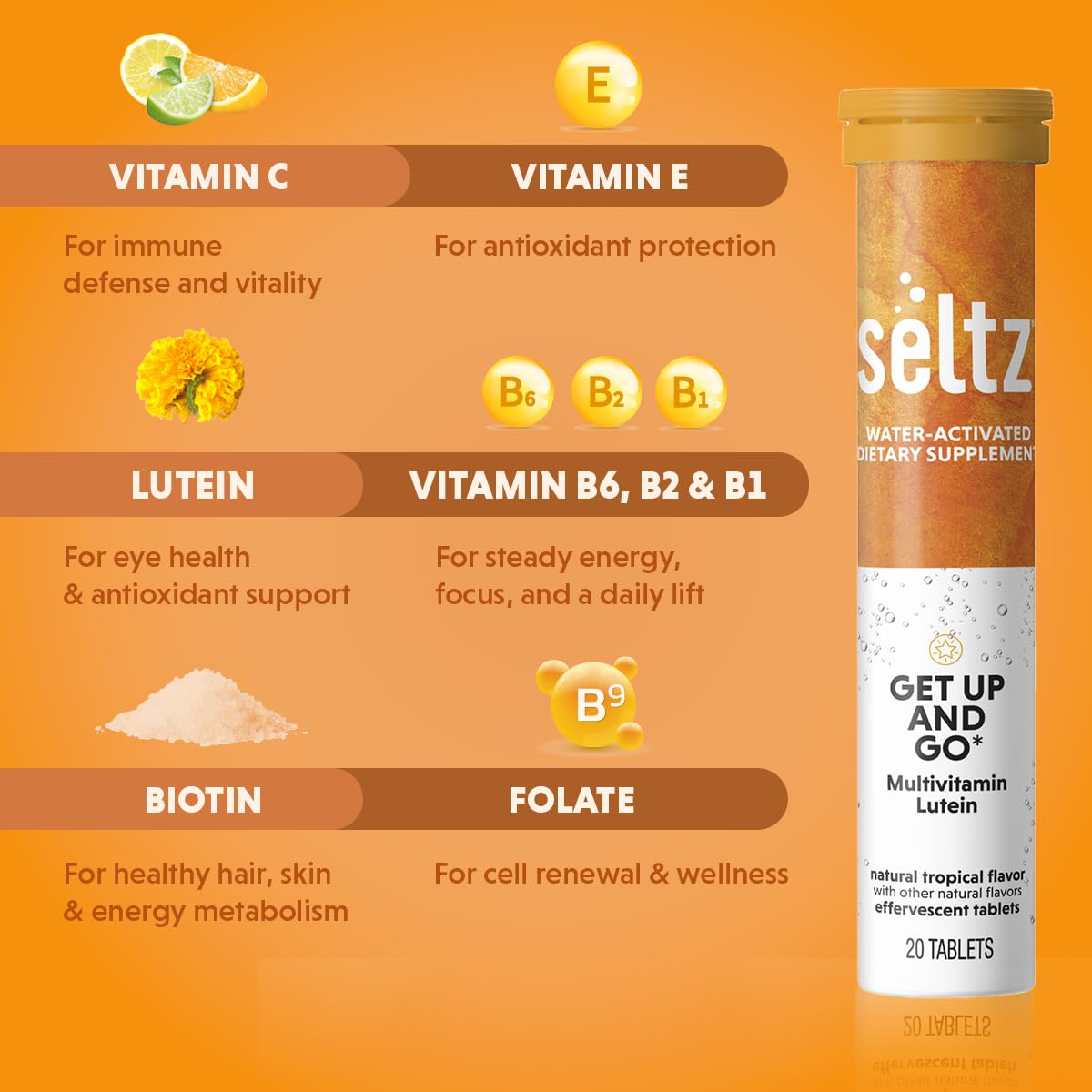 Seltz Get Up and Go Effervescent Multivitamin with Lutein for Daily Energy, Eye Health & Antioxidant Support Tablet, 20 Tablets