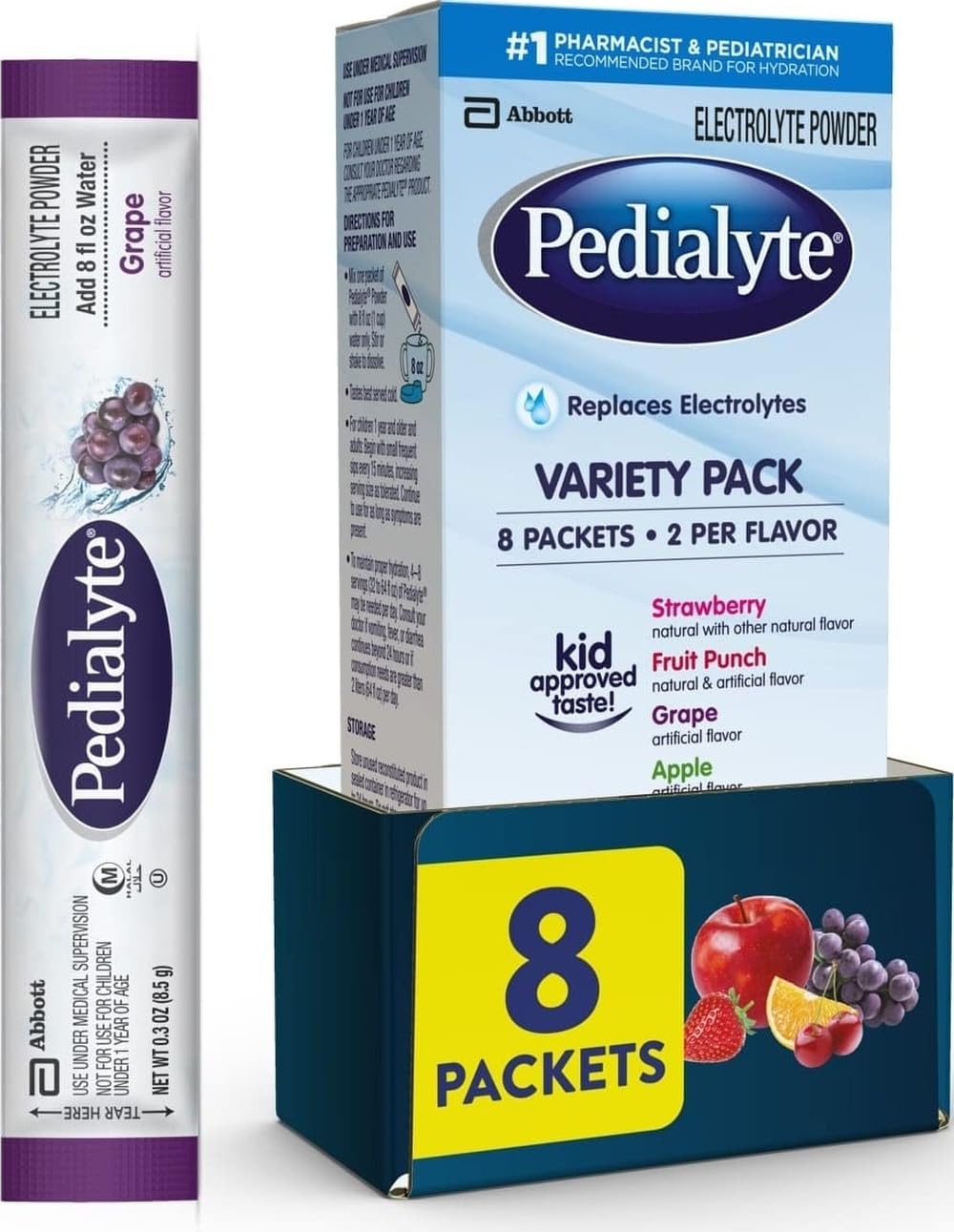 Pedialyte Electrolyte Powder Packets, On-the-Go Hydration Variety Pack, 8 Count
