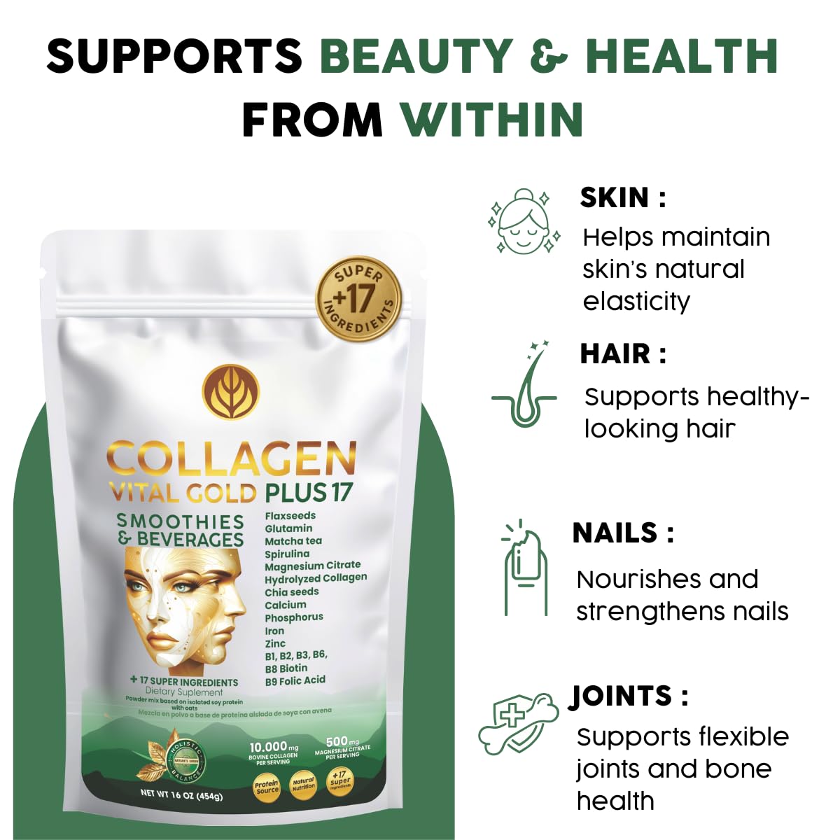 Gold Vital Life Collagen Peptides Powder Mint & Lemon Flavor, 16 oz