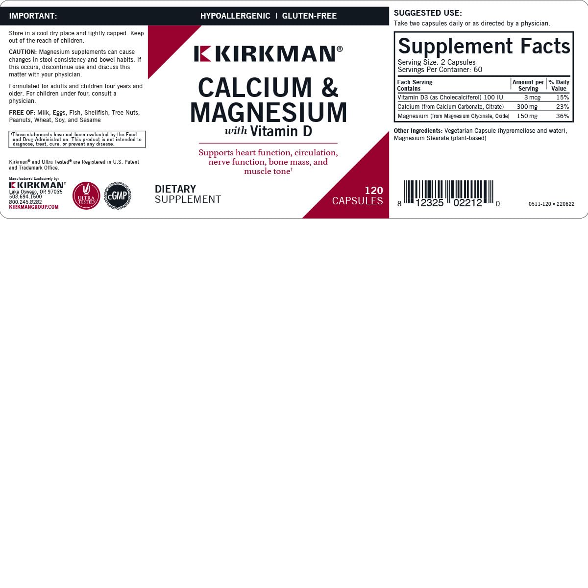 Kirkman Calcium Magnesium Capsules, 120 Capsules