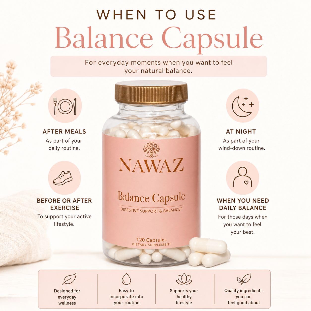 NAWAZ Wellness Balance Capsules Sodium Bicarbonate 650mg Delayed Release, 120 Capsules